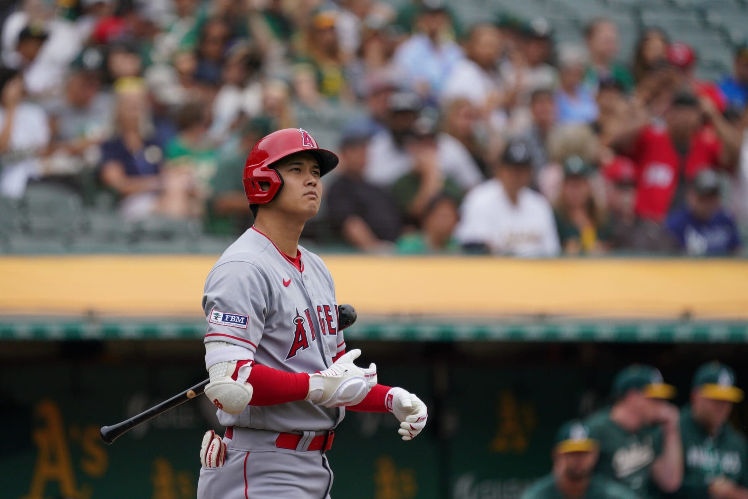 OAKLAND, CA - SEPTEMBER 02: Shohei Ohtani #17 of the Los Angeles Angels bats during the game between the Los Angeles Angels and the Oakland Athletics at RingCentral Coliseum on Saturday, September 2, 2023 in Oakland, California. (Photo by Loren Elliott/MLB Photos via Getty Images) OAKLAND, CA - SEPTEMBER 02: Shohei Ohtani #17 of the Los Angeles Angels bats during the game between the Los Angeles Angels and the Oakland Athletics at RingCentral Coliseum on Saturday, September 2, 2023 in Oakland, California. (Photo by Loren Elliott/MLB Photos via Getty Images)