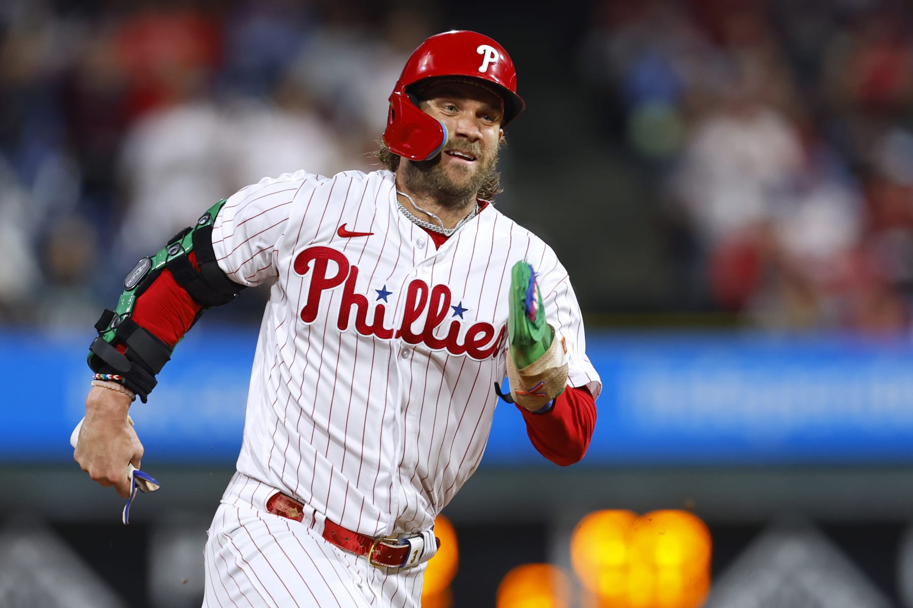 PHILADELPHIA, PENNSYLVANIA - SEPTEMBER 24: Bryce Harper #3 of the Philadelphia Phillies in action against the New York Mets during a game at Citizens Bank Park on September 24, 2023 in Philadelphia, Pennsylvania. (Photo by Rich Schultz/Getty Images)