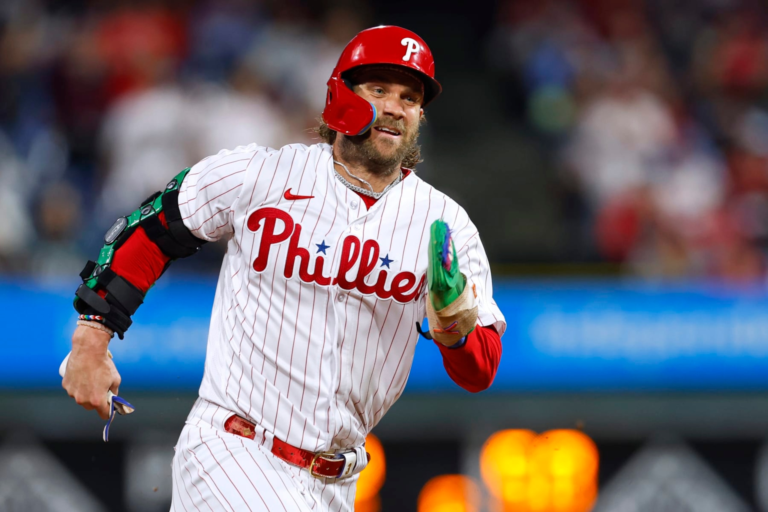 PHILADELPHIA, PENNSYLVANIA - SEPTEMBER 24: Bryce Harper #3 of the Philadelphia Phillies in action against the New York Mets during a game at Citizens Bank Park on September 24, 2023 in Philadelphia, Pennsylvania. (Photo by Rich Schultz/Getty Images)