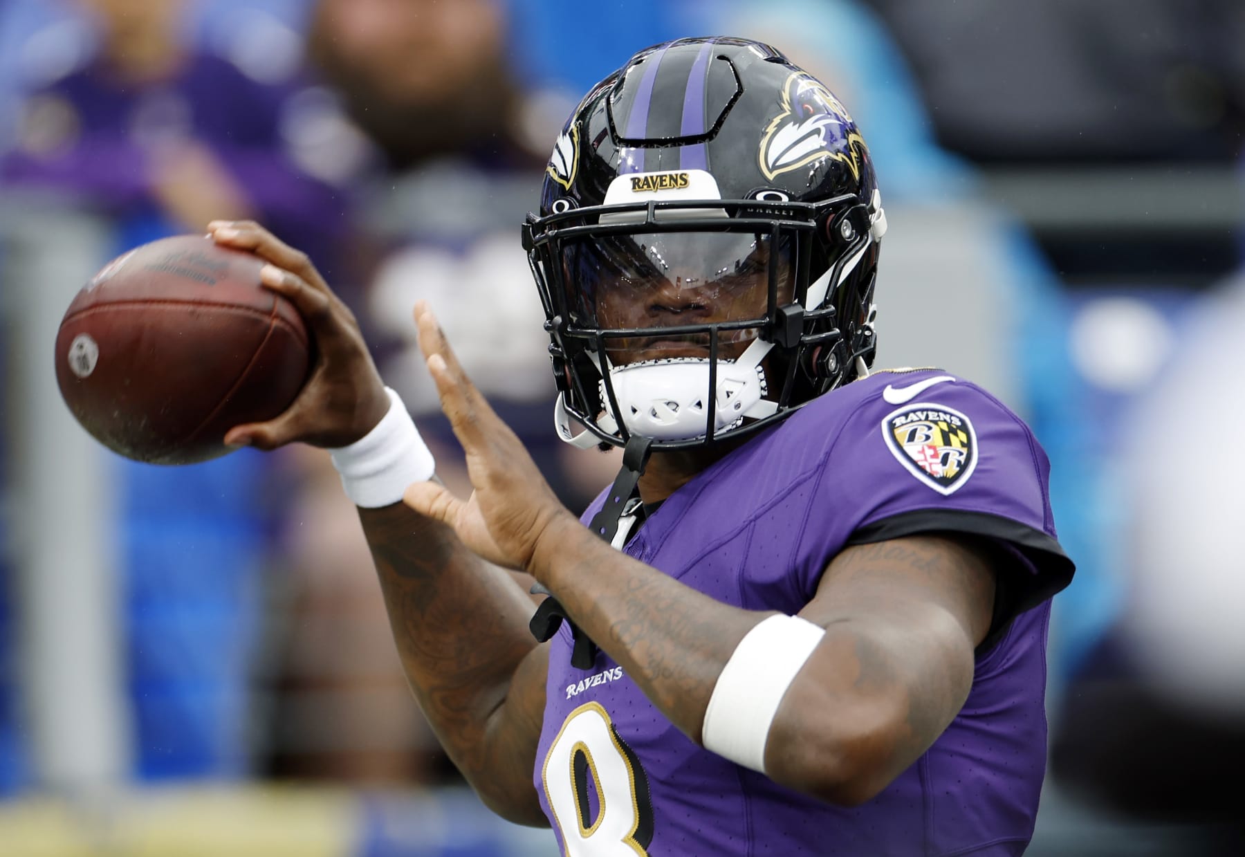 BALTIMORE, MARYLAND - SEPTEMBER 24: Lamar Jackson #8 of the Baltimore Ravens warms up prior to a game against the Indianapolis Colts at M&T Bank Stadium on September 24, 2023 in Baltimore, Maryland. (Photo by Tasos Katopodis/Getty Images)