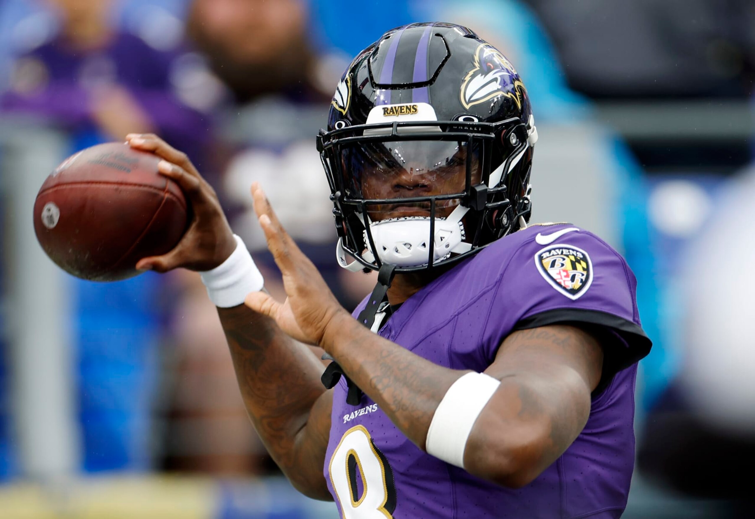 BALTIMORE, MARYLAND - SEPTEMBER 24: Lamar Jackson #8 of the Baltimore Ravens warms up prior to a game against the Indianapolis Colts at M&T Bank Stadium on September 24, 2023 in Baltimore, Maryland. (Photo by Tasos Katopodis/Getty Images)