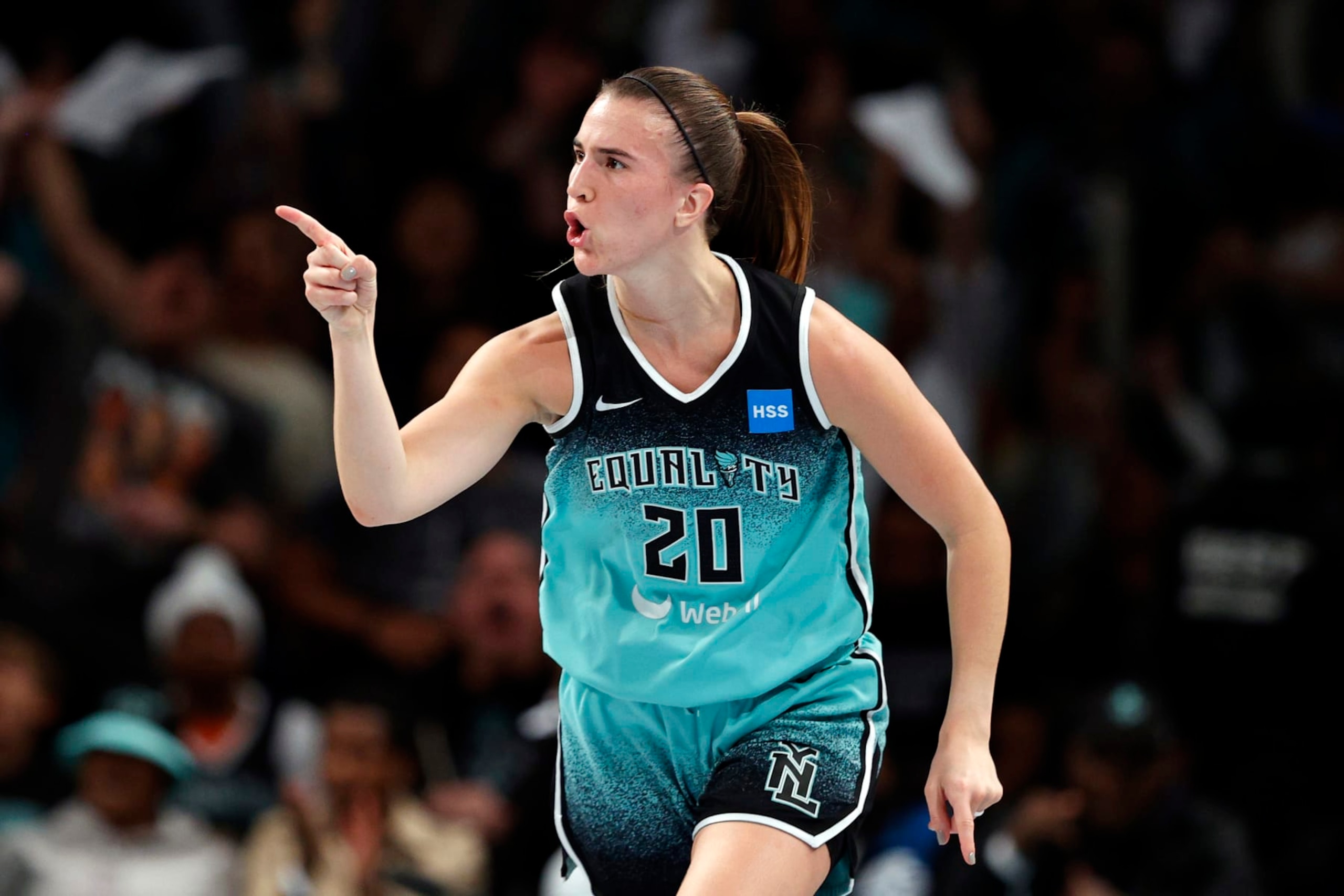 NEW YORK, NEW YORK - SEPTEMBER 26: Sabrina Ionescu #20 of the New York Liberty reacts after scoring during the first half against the Connecticut Sun during Game Two of the 2023 WNBA Playoffs semifinals at Barclays Center on September 26, 2023 in the Brooklyn borough of New York City. NOTE TO USER: User expressly acknowledges and agrees that, by downloading and or using this photograph, User is consenting to the terms and conditions of the Getty Images License Agreement. (Photo by Sarah Stier/Getty Images) NEW YORK, NEW YORK - SEPTEMBER 26: Sabrina Ionescu #20 of the New York Liberty reacts after scoring during the first half against the Connecticut Sun during Game Two of the 2023 WNBA Playoffs semifinals at Barclays Center on September 26, 2023 in the Brooklyn borough of New York City. NOTE TO USER: User expressly acknowledges and agrees that, by downloading and or using this photograph, User is consenting to the terms and conditions of the Getty Images License Agreement. (Photo by Sarah Stier/Getty Images)