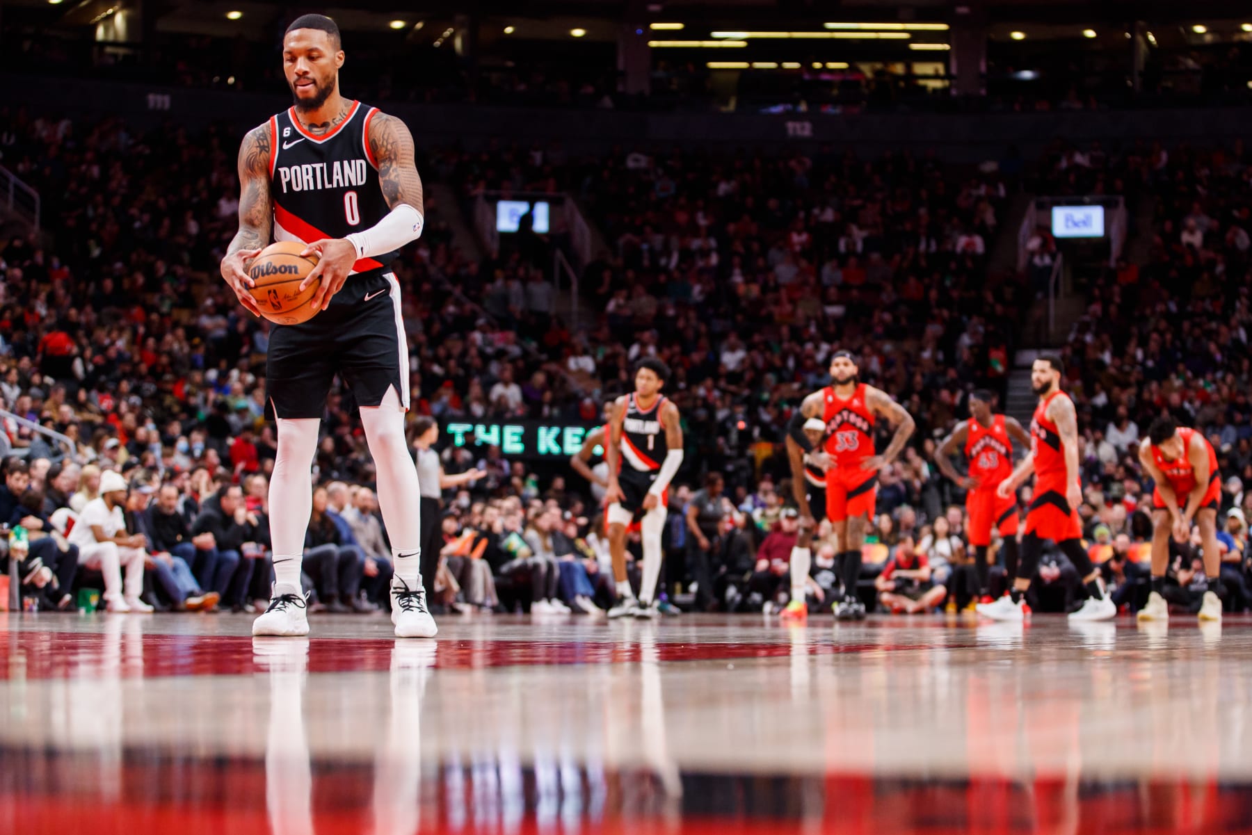 TORONTO, ON - JANUARY 08: Damian Lillard #0 of the Portland Trail Blazers takes a free throw during the second half of their NBA game against the Toronto Raptors at Scotiabank Arena on January 8, 2023 in Toronto, Canada. NOTE TO USER: User expressly acknowledges and agrees that, by downloading and or using this photograph, User is consenting to the terms and conditions of the Getty Images License Agreement. (Photo by Cole Burston/Getty Images)