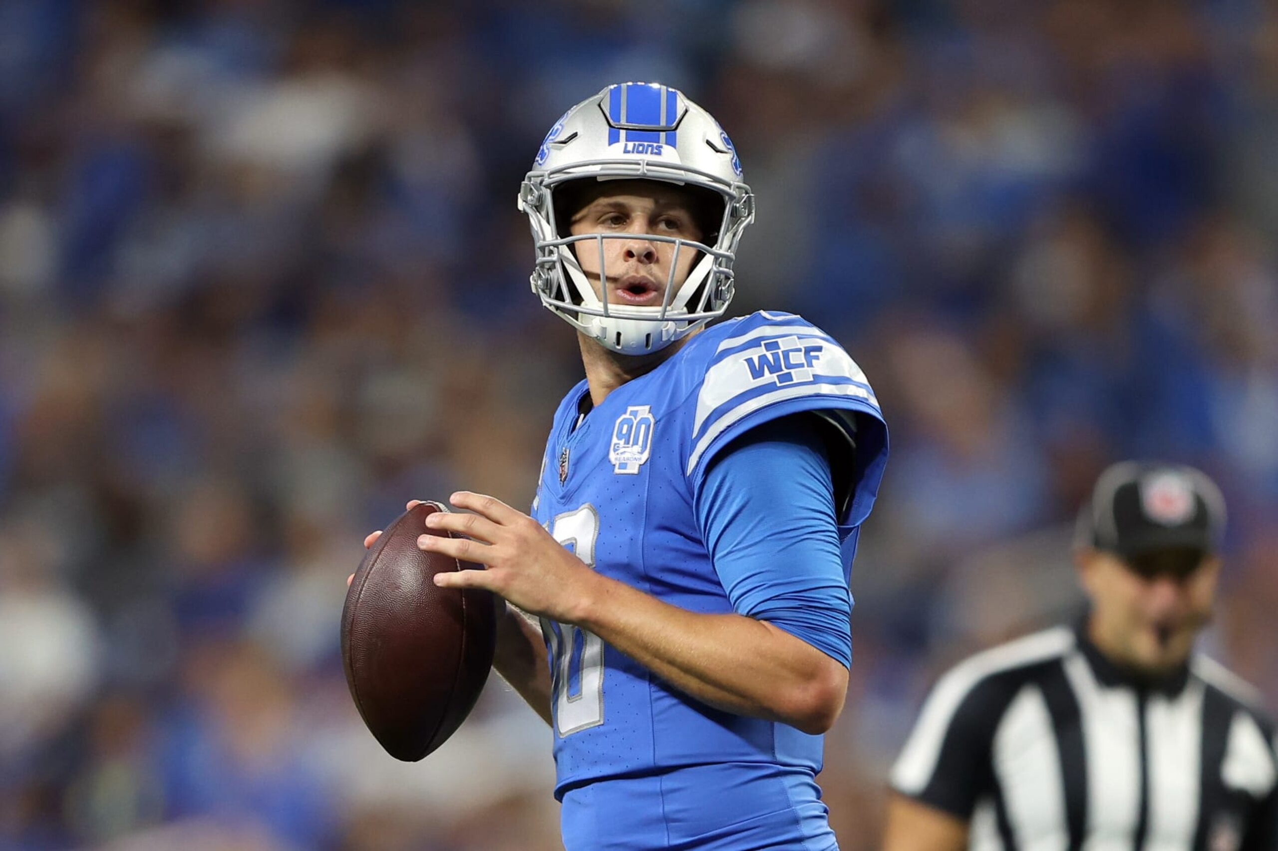 DETROIT, MICHIGAN - SEPTEMBER 24: Jared Goff #16 of the Detroit Lions looks to pass in the second quarter of a game against the Atlanta Falcons at Ford Field on September 24, 2023 in Detroit, Michigan. (Photo by Rey Del Rio/Getty Images)