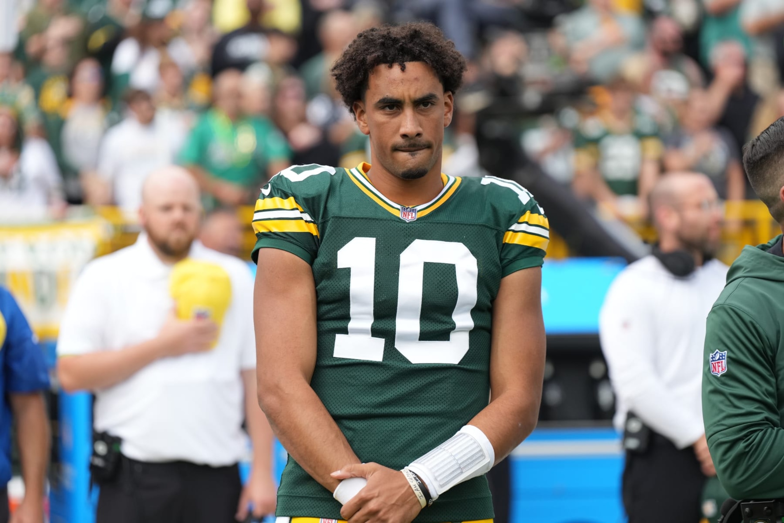 GREEN BAY, WI - SEPTEMBER 24: Jordan Love #10 of the Green Bay Packers looks on prior to an NFL football game against the New Orleans Saints at Lambeau Field on September 24, 2023 in Green Bay, Wisconsin. (Photo by Todd Rosenberg/Getty Images)
