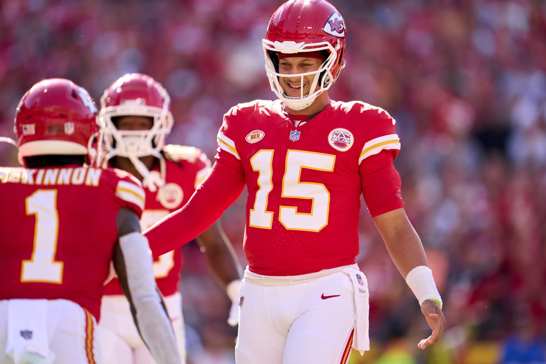 KANSAS CITY, MO - SEPTEMBER 24: Patrick Mahomes #15 of the Kansas City Chiefs celebrates after scoring a touchdown against the Chicago Bears during the first half at GEHA Field at Arrowhead Stadium on September 24, 2023 in Kansas City, Missouri. (Photo by Cooper Neill/Getty Images)