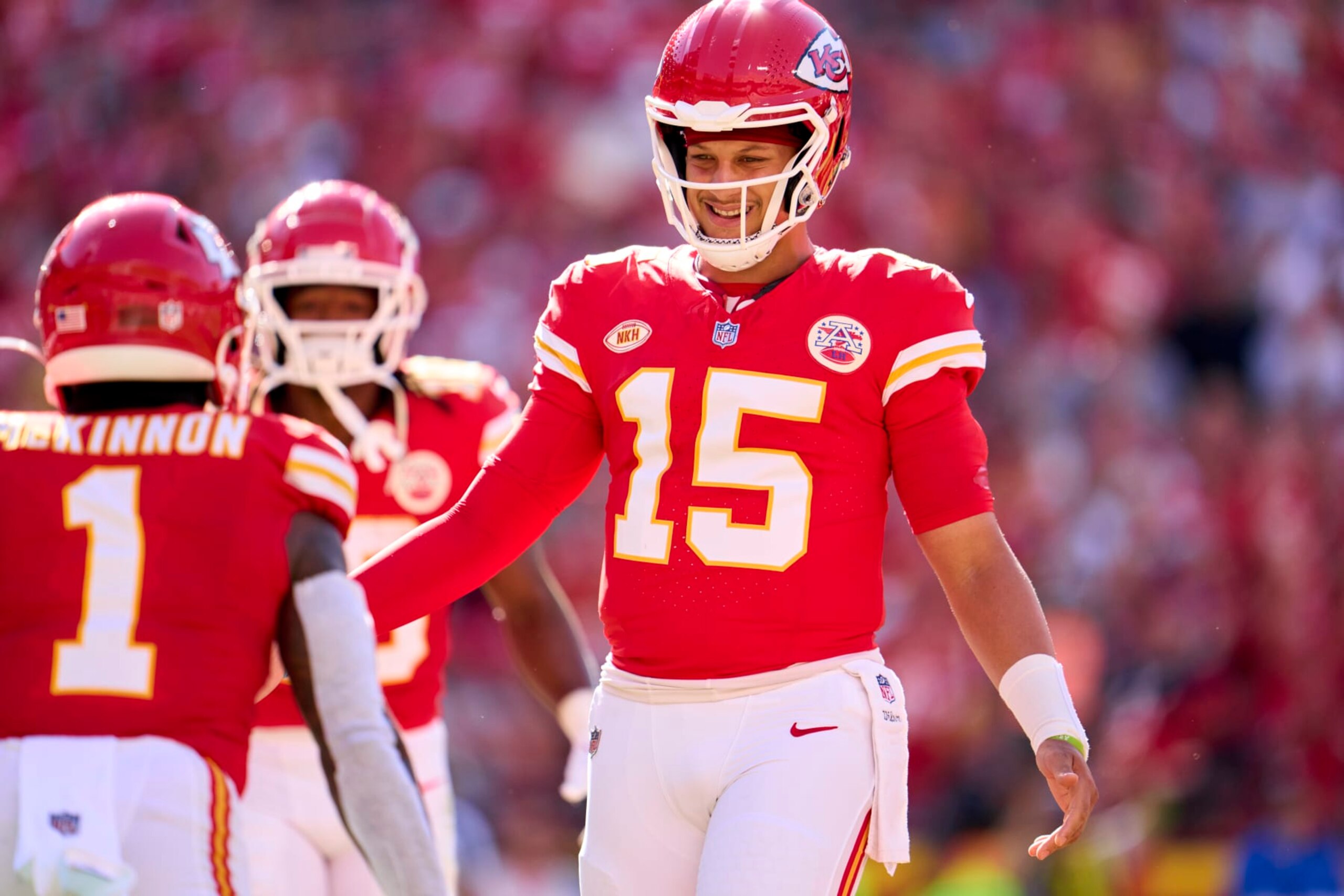 KANSAS CITY, MO - SEPTEMBER 24: Patrick Mahomes #15 of the Kansas City Chiefs celebrates after scoring a touchdown against the Chicago Bears during the first half at GEHA Field at Arrowhead Stadium on September 24, 2023 in Kansas City, Missouri. (Photo by Cooper Neill/Getty Images)