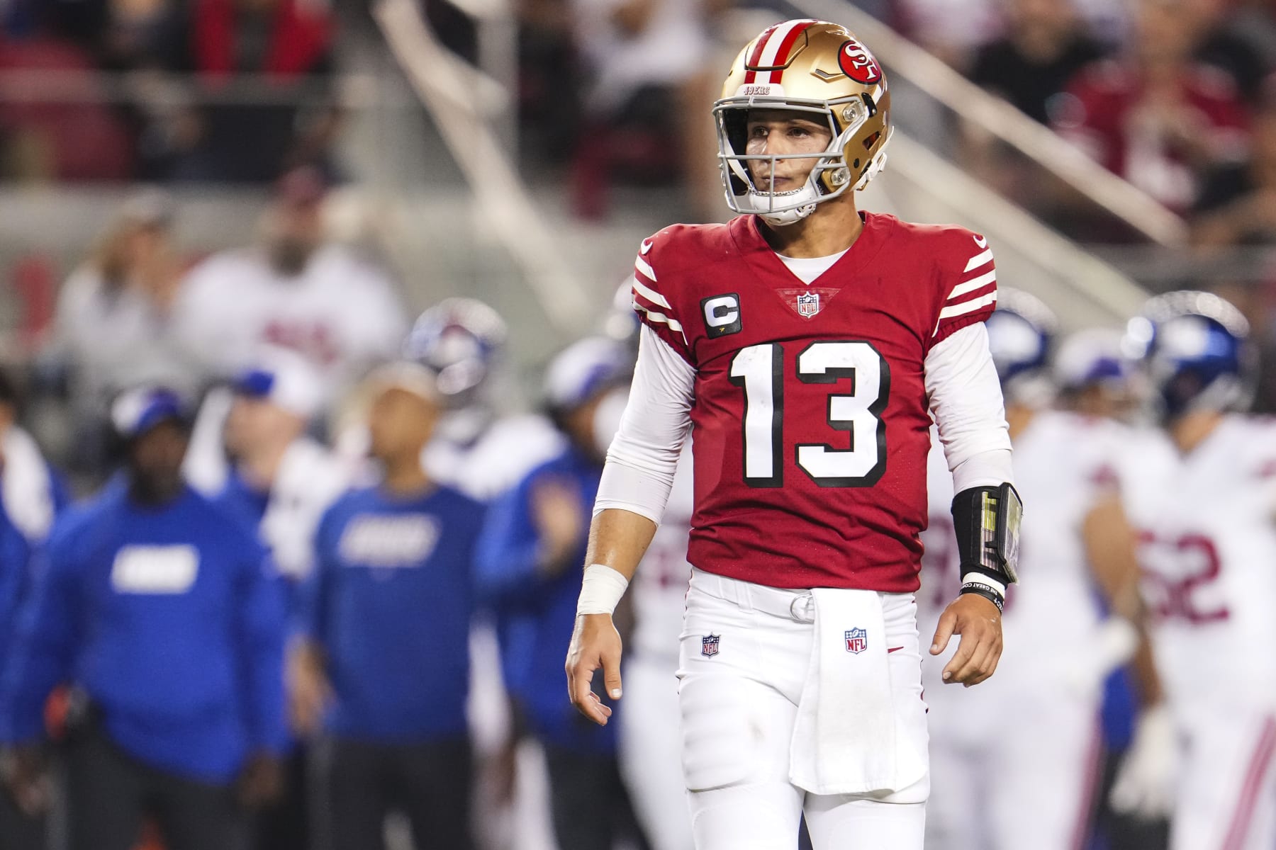 SANTA CLARA, CA - SEPTEMBER 21: Brock Purdy #13 of the San Francisco 49ers walks across the field at Levi's Stadium on September 21, 2023 in Santa Clara, California. (Photo by Cooper Neill/Getty Images)