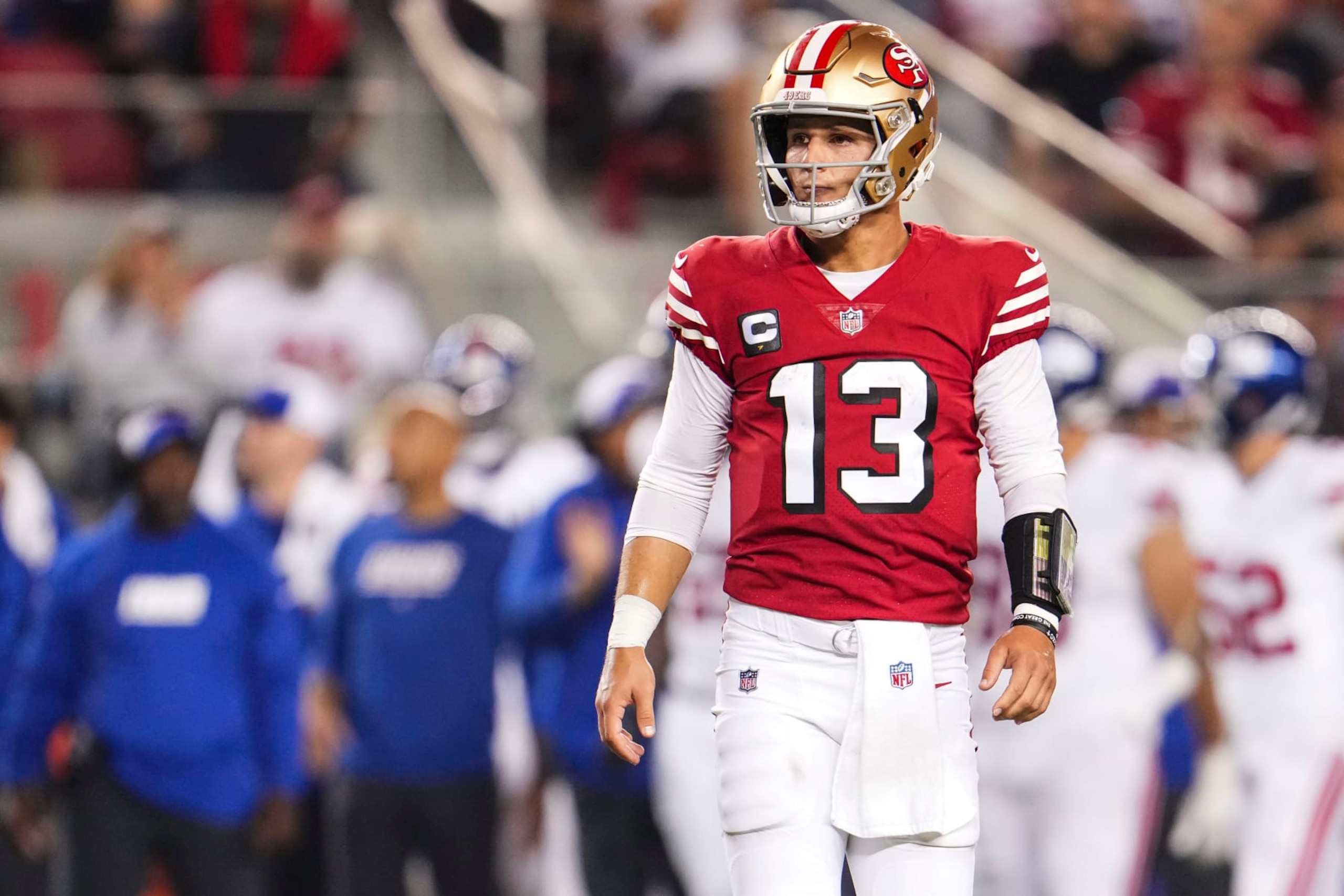 SANTA CLARA, CA - SEPTEMBER 21: Brock Purdy #13 of the San Francisco 49ers walks across the field at Levi's Stadium on September 21, 2023 in Santa Clara, California. (Photo by Cooper Neill/Getty Images)