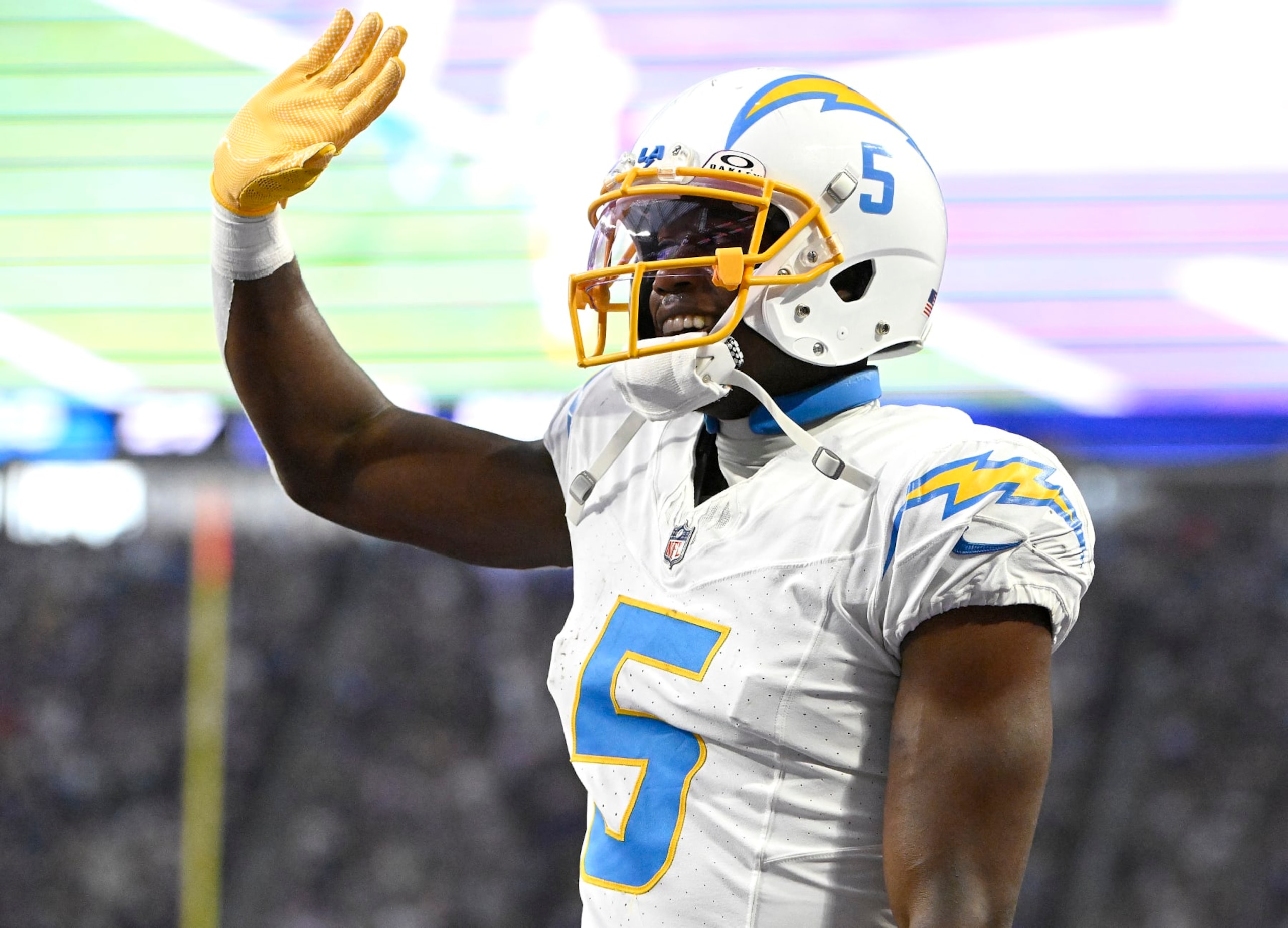 MINNEAPOLIS, MINNESOTA - SEPTEMBER 24: Joshua Palmer #5 of the Los Angeles Chargers celebrates after his receiving touchdown during the fourth quarter against the Minnesota Vikings at U.S. Bank Stadium on September 24, 2023 in Minneapolis, Minnesota. (Photo by Stephen Maturen/Getty Images)