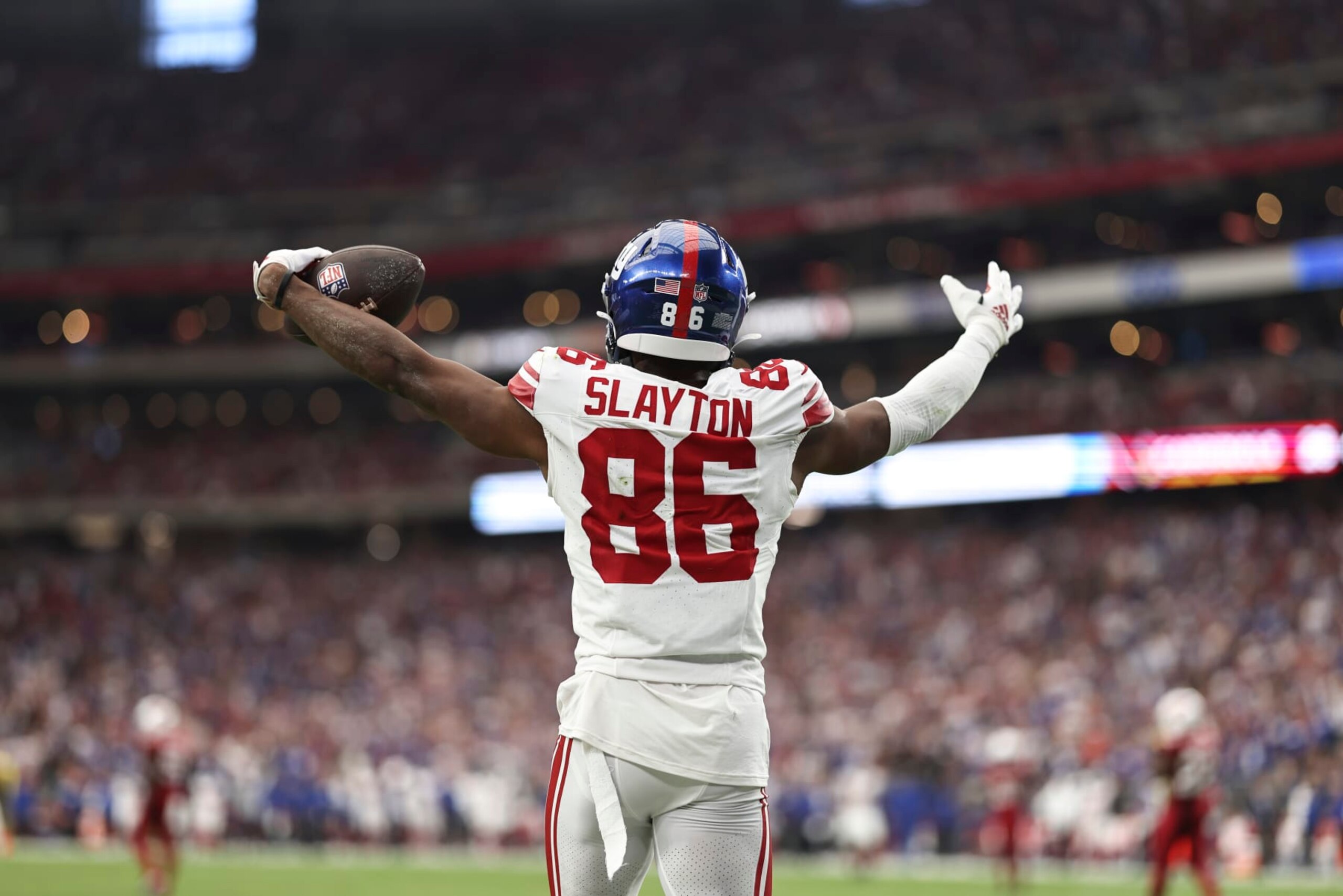 GLENDALE, ARIZONA - SEPTEMBER 17: Darius Slayton #86 of the New York Giants reacts during the fourth quarter of an NFL football game between the Arizona Cardinals and the New York Giants at State Farm Stadium on September 17, 2023 in Glendale, Arizona. (Photo by Michael Owens/Getty Images)