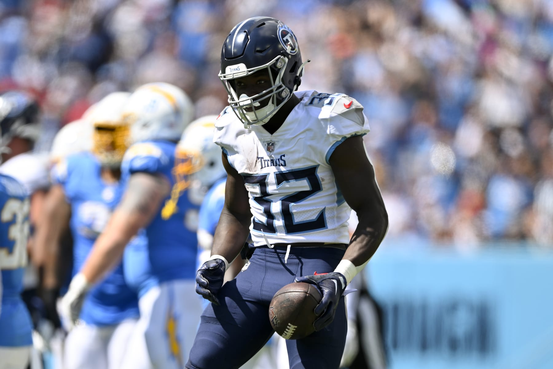 NASHVILLE, TENNESSEE - SEPTEMBER 17: Tyjae Spears #32 of the Tennessee Titans reacts during an NFL football game against the Los Angeles Chargers at Nissan Stadium on September 17, 2023 in Nashville, Tennessee. The Tennessee Titans won 27-24 in overtime. (Photo by Alika Jenner/Getty Images) NASHVILLE, TENNESSEE - SEPTEMBER 17: Tyjae Spears #32 of the Tennessee Titans reacts during an NFL football game against the Los Angeles Chargers at Nissan Stadium on September 17, 2023 in Nashville, Tennessee. The Tennessee Titans won 27-24 in overtime. (Photo by Alika Jenner/Getty Images)