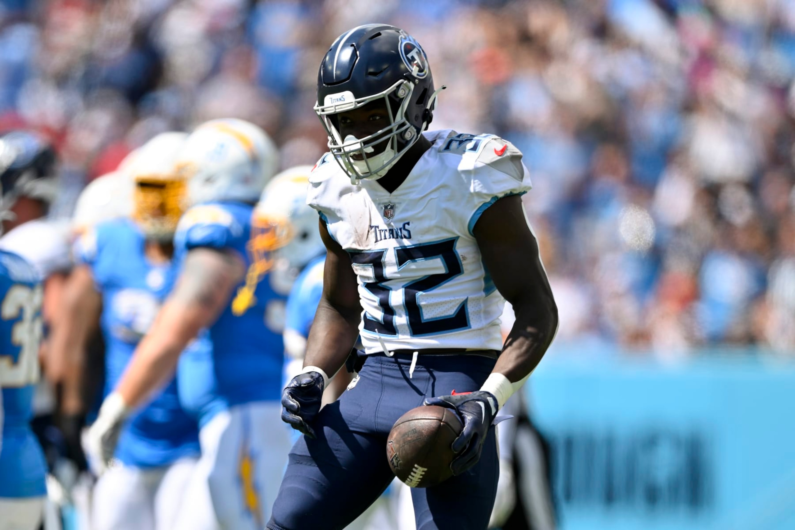 NASHVILLE, TENNESSEE - SEPTEMBER 17: Tyjae Spears #32 of the Tennessee Titans reacts during an NFL football game against the Los Angeles Chargers at Nissan Stadium on September 17, 2023 in Nashville, Tennessee. The Tennessee Titans won 27-24 in overtime. (Photo by Alika Jenner/Getty Images)