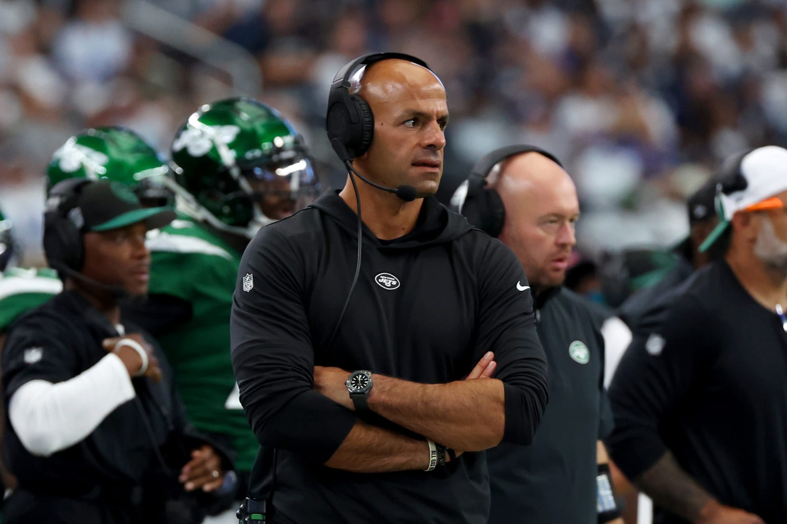 ARLINGTON, TEXAS - SEPTEMBER 17: New York Jets head coach Robert Saleh on the sidelines during the second quarter against the Dallas Cowboys at AT&T Stadium on September 17, 2023 in Arlington, Texas. (Photo by Richard Rodriguez/Getty Images)