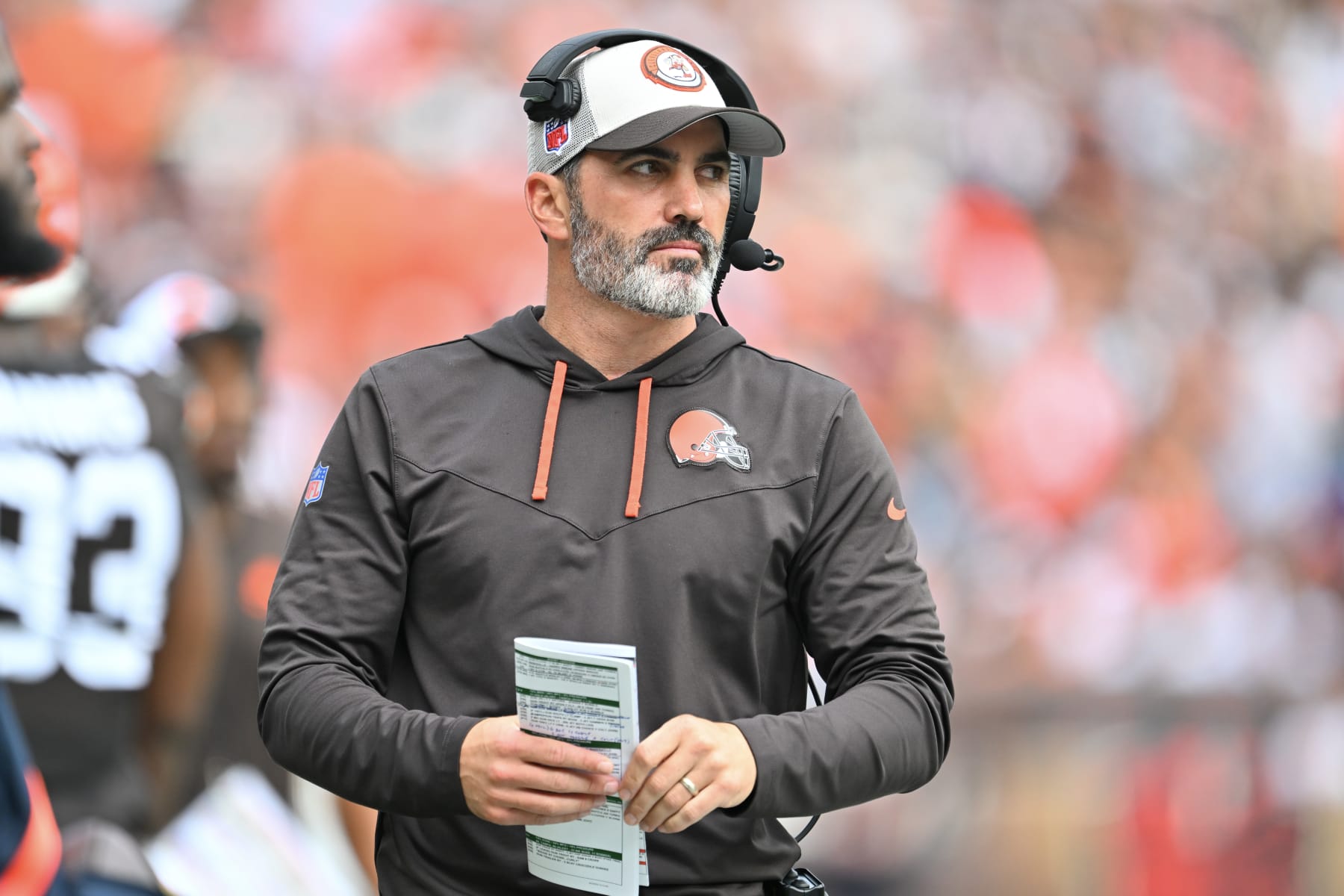 CLEVELAND, OHIO - SEPTEMBER 24: Head coach Kevin Stefanski of the Cleveland Browns looks on during the first half in the game against the Tennessee Titans at Cleveland Browns Stadium on September 24, 2023 in Cleveland, Ohio. (Photo by Jason Miller/Getty Images)
