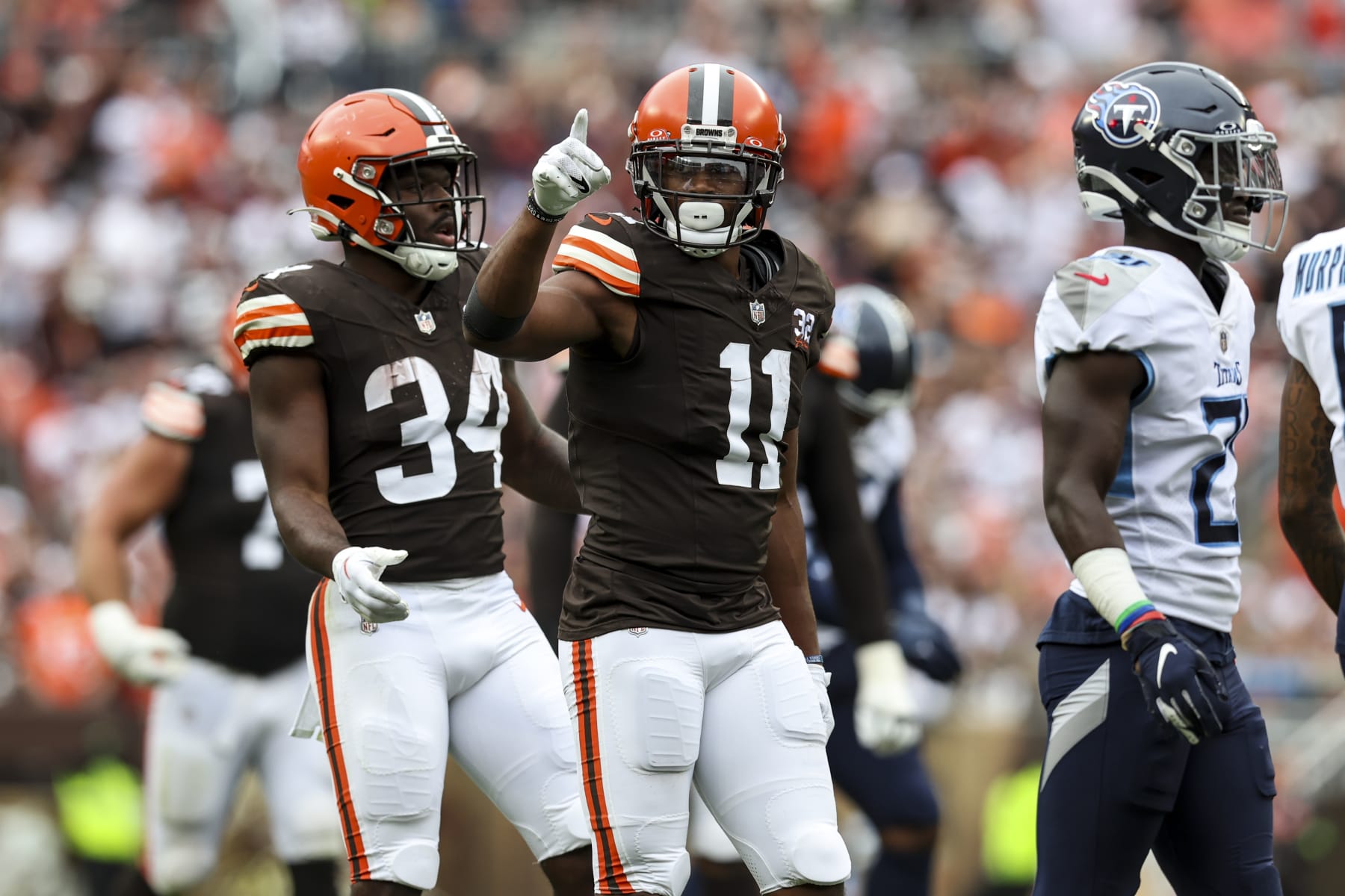 CLEVELAND, OHIO - SEPTEMBER 24: Donovan Peoples-Jones #11 of the Cleveland Browns celebrates after a first down during the game against the Tennessee Titans at Cleveland Browns Stadium on September 24, 2023 in Cleveland, Ohio. The Browns beat the Titans 27-3.  (Photo by Lauren Leigh Bacho/Getty Images)