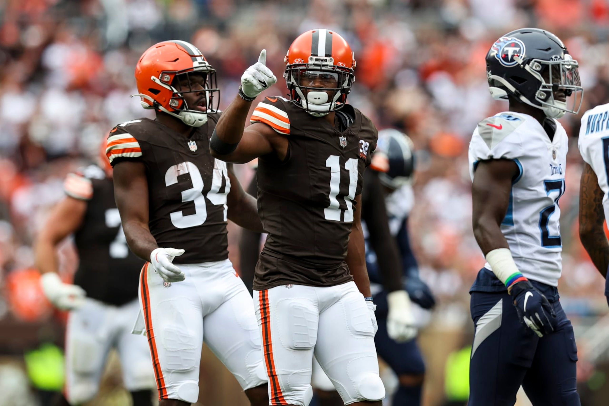 CLEVELAND, OHIO - SEPTEMBER 24: Donovan Peoples-Jones #11 of the Cleveland Browns celebrates after a first down during the game against the Tennessee Titans at Cleveland Browns Stadium on September 24, 2023 in Cleveland, Ohio. The Browns beat the Titans 27-3.  (Photo by Lauren Leigh Bacho/Getty Images)