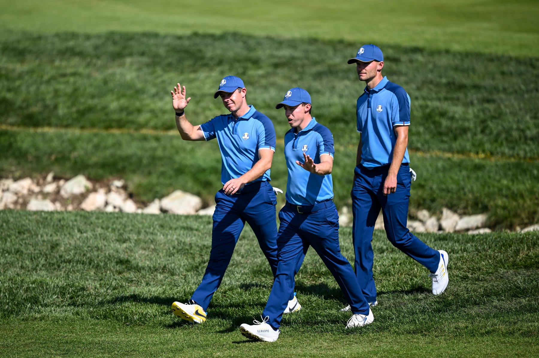 Rome , Italy - 27 September 2023; Europe players, from left, Rory McIlroy, Matt Fitzpatrick and Nicolai Højgaard during a practice round before the 2023 Ryder Cup at Marco Simone Golf and Country Club in Rome, Italy. (Photo By Ramsey Cardy/Sportsfile via Getty Images)