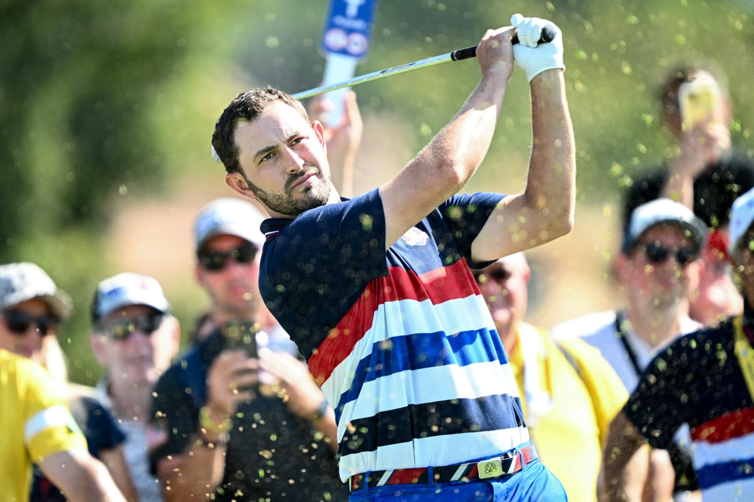 Rome , Italy - 27 September 2023; Patrick Cantlay of USA watches his tee shot on the fourth hole during a practice round before the 2023 Ryder Cup at Marco Simone Golf and Country Club in Rome, Italy. (Photo By Ramsey Cardy/Sportsfile via Getty Images)