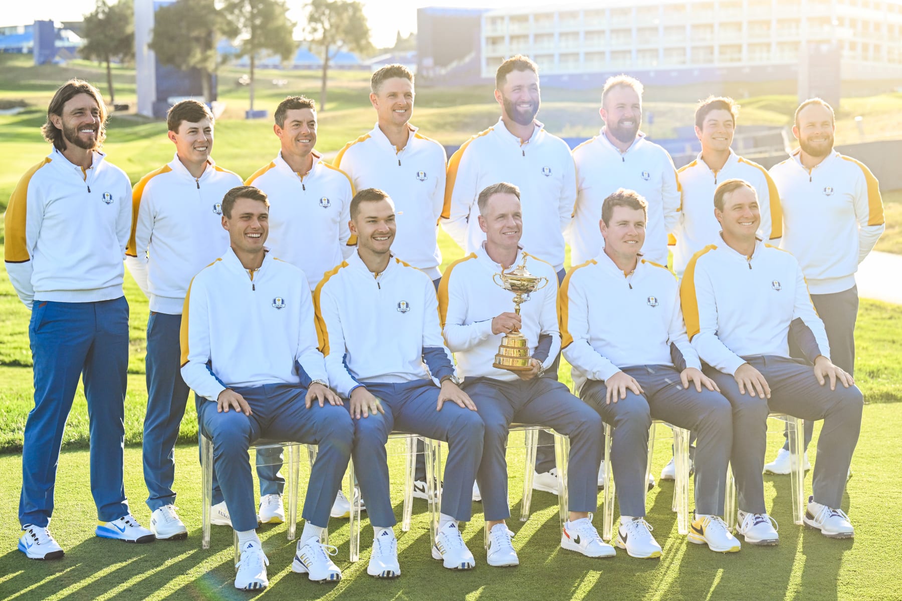 ROME, ITALY - SEPTEMBER 26:  Team Europe players Tommy Fleetwood, Matthew Fitzpatrick, Rory McIlroy, Justin Rose, Jon Rahm, Ludvig Aberg, Nicolai Hojgaard, Captain Luke Donald, Shane Lowry, Robert MacIntyre, Sepp Straka, Viktor Hovland and Tyrrell Hatton smile during a team photo call prior to the 2023 Ryder Cup at Marco Simone Golf Club on September 26, 2023 in Rome, Italy. (Photo by Keyur Khamar/PGA TOUR via Getty Images)