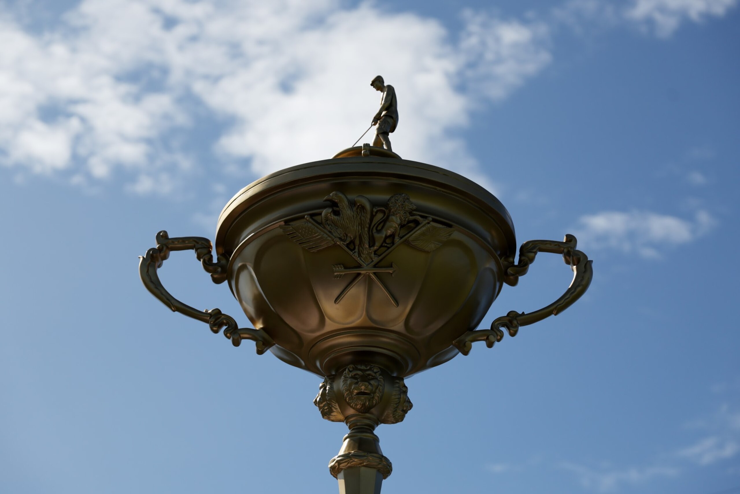 ROME, ITALY - SEPTEMBER 25: A general view of a likeness of the Ryder Cup trophy in the village prior to the 2023 Ryder Cup at Marco Simone Golf Club on September 25, 2023 in Rome, Italy. (Photo by Patrick Smith/Getty Images)