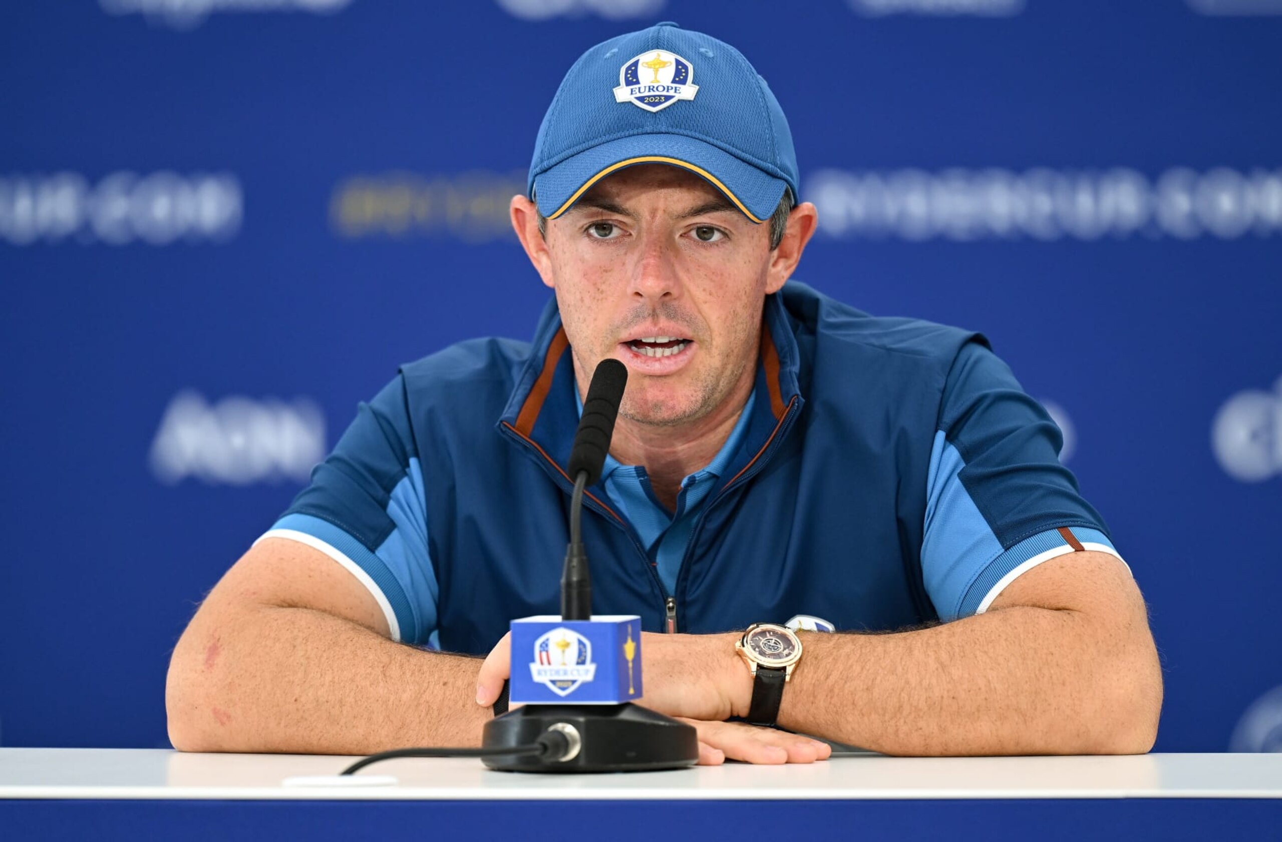 Rome , Italy - 27 September 2023; Rory McIlroy of Europe during a press conference before the 2023 Ryder Cup at Marco Simone Golf and Country Club in Rome, Italy. (Photo By Brendan Moran/Sportsfile via Getty Images)