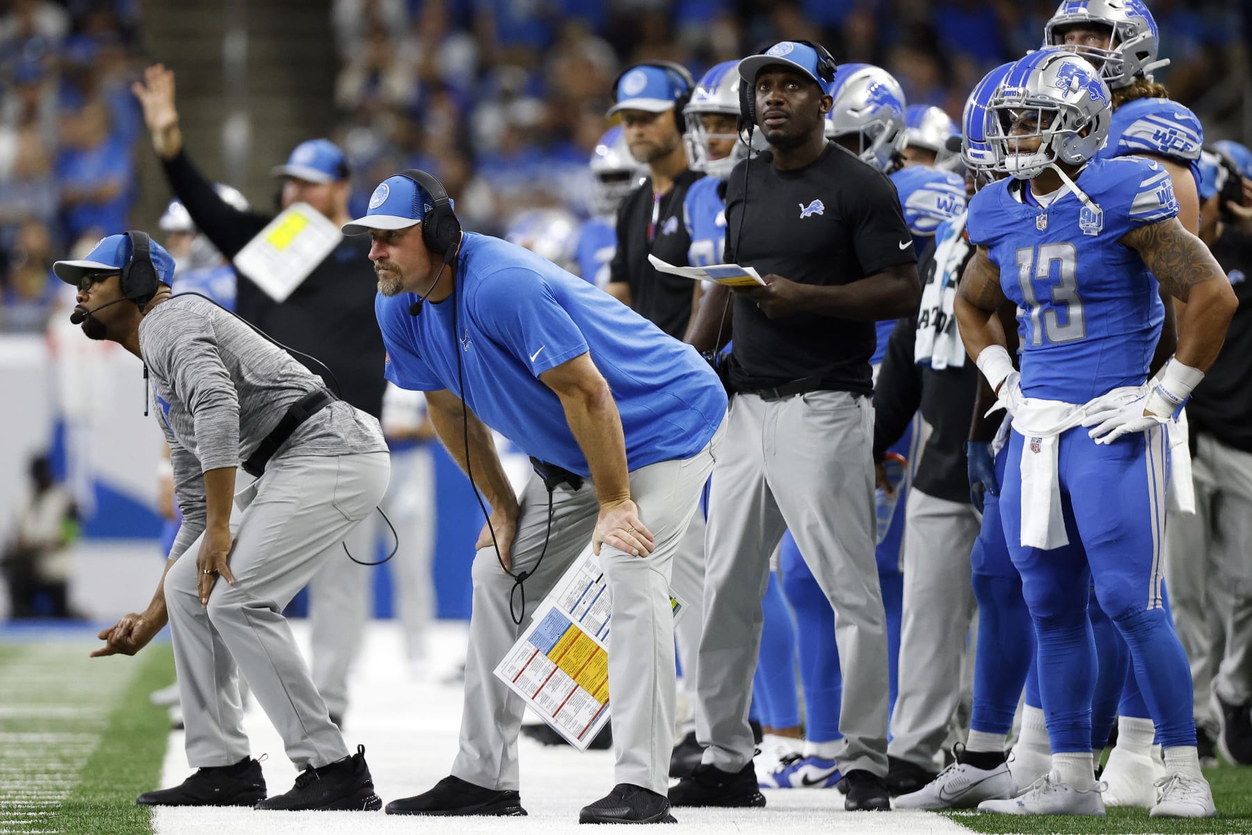 DETROIT, MICHIGAN - SEPTEMBER 24: Head coach Dan Campbell of the Detroit Lions looks on in the second quarter of a game against the Atlanta Falcons at Ford Field on September 24, 2023 in Detroit, Michigan. (Photo by Mike Mulholland/Getty Images)
