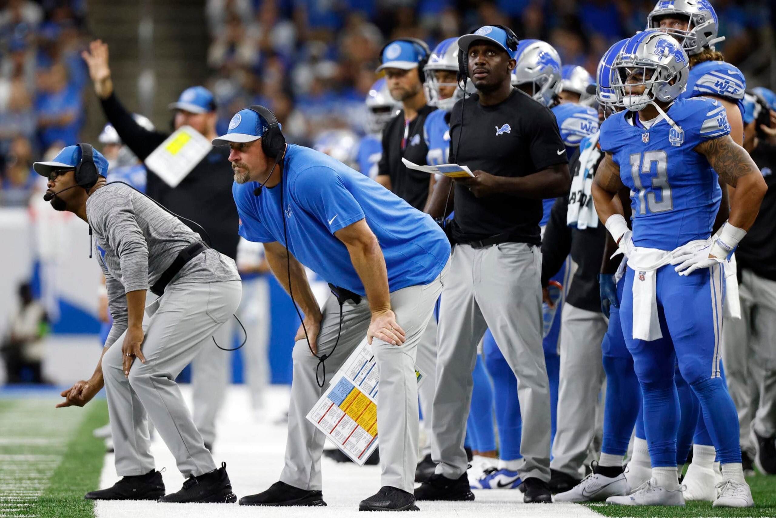 DETROIT, MICHIGAN - SEPTEMBER 24: Head coach Dan Campbell of the Detroit Lions looks on in the second quarter of a game against the Atlanta Falcons at Ford Field on September 24, 2023 in Detroit, Michigan. (Photo by Mike Mulholland/Getty Images) DETROIT, MICHIGAN - SEPTEMBER 24: Head coach Dan Campbell of the Detroit Lions looks on in the second quarter of a game against the Atlanta Falcons at Ford Field on September 24, 2023 in Detroit, Michigan. (Photo by Mike Mulholland/Getty Images)