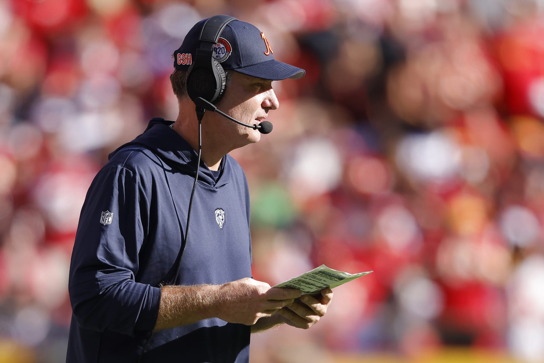KANSAS CITY, MISSOURI - SEPTEMBER 24: Head coach Matt Eberflus looks on in the second quarter of a game against the Kansas City Chiefs at GEHA Field at Arrowhead Stadium on September 24, 2023 in Kansas City, Missouri. (Photo by David Eulitt/Getty Images)