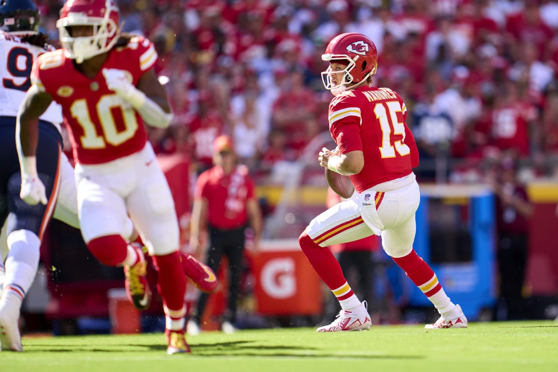 KANSAS CITY, MO - SEPTEMBER 24: Patrick Mahomes #15 of the Kansas City Chiefs drops back to pass against the Chicago Bears during the first half at GEHA Field at Arrowhead Stadium on September 24, 2023 in Kansas City, Missouri. (Photo by Cooper Neill/Getty Images)