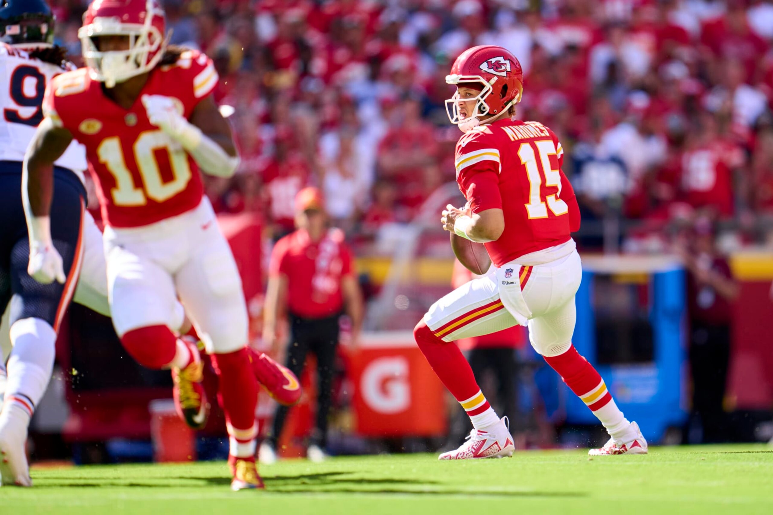 KANSAS CITY, MO - SEPTEMBER 24: Patrick Mahomes #15 of the Kansas City Chiefs drops back to pass against the Chicago Bears during the first half at GEHA Field at Arrowhead Stadium on September 24, 2023 in Kansas City, Missouri. (Photo by Cooper Neill/Getty Images) KANSAS CITY, MO - SEPTEMBER 24: Patrick Mahomes #15 of the Kansas City Chiefs drops back to pass against the Chicago Bears during the first half at GEHA Field at Arrowhead Stadium on September 24, 2023 in Kansas City, Missouri. (Photo by Cooper Neill/Getty Images)