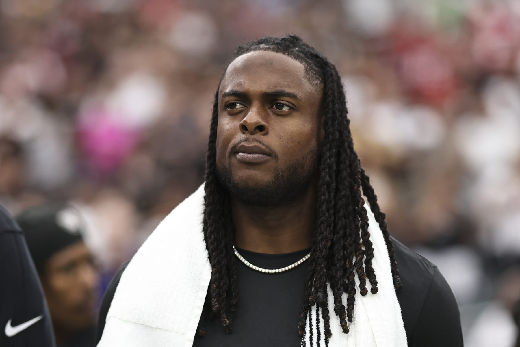 LAS VEGAS, NEVADA - AUGUST 13: Davante Adams #17 of the Las Vegas Raiders looks on during the national anthem prior to a preseason game between the San Francisco 49ers and the Las Vegas Raiders at Allegiant Stadium on August 13, 2023 in Las Vegas, Nevada. (Photo by Michael Owens/Getty Images)