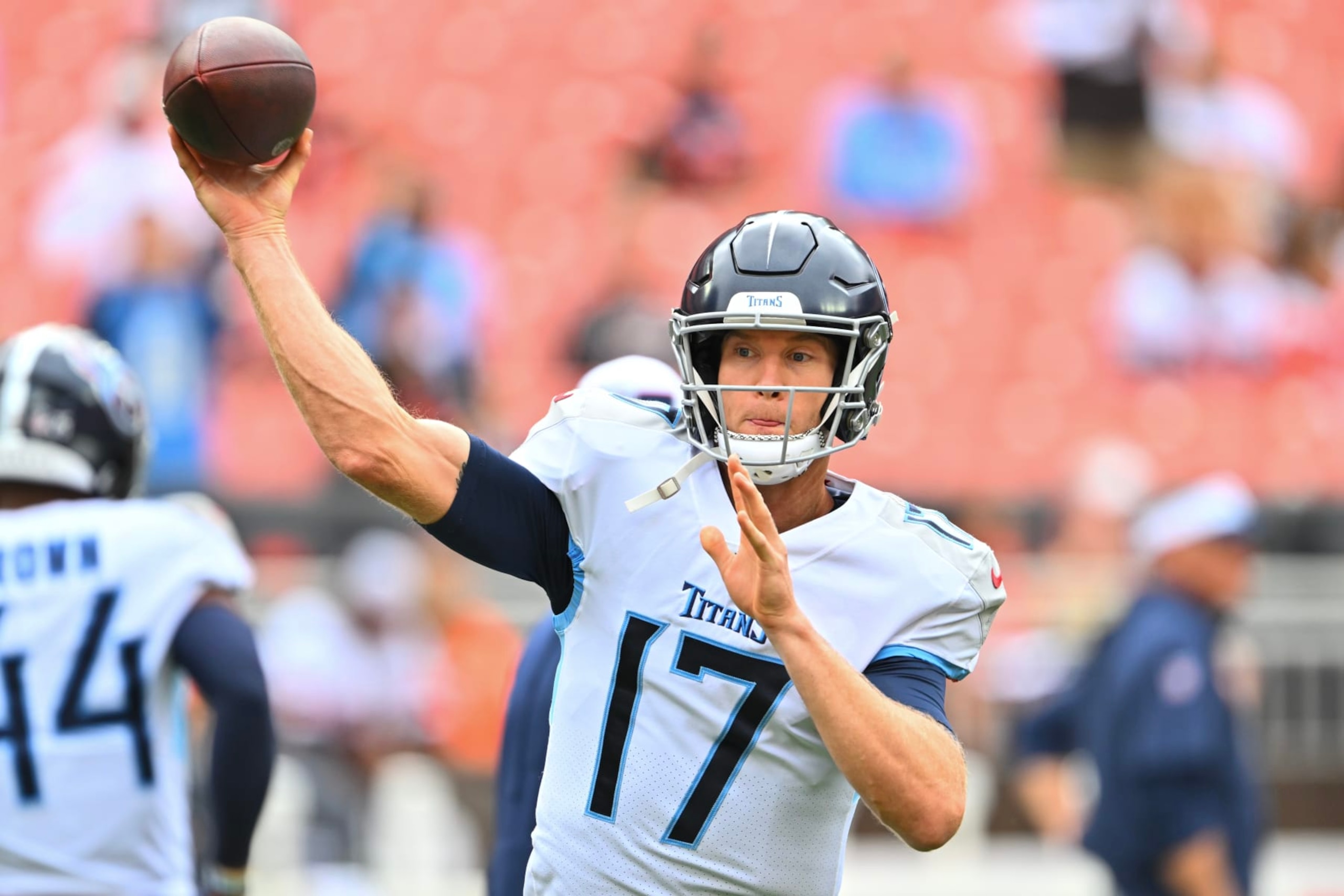 CLEVELAND, OHIO - SEPTEMBER 24: Ryan Tannehill #17 of the Tennessee Titans warms up before the game against the Cleveland Browns at Cleveland Browns Stadium on September 24, 2023 in Cleveland, Ohio. (Photo by Jason Miller/Getty Images)