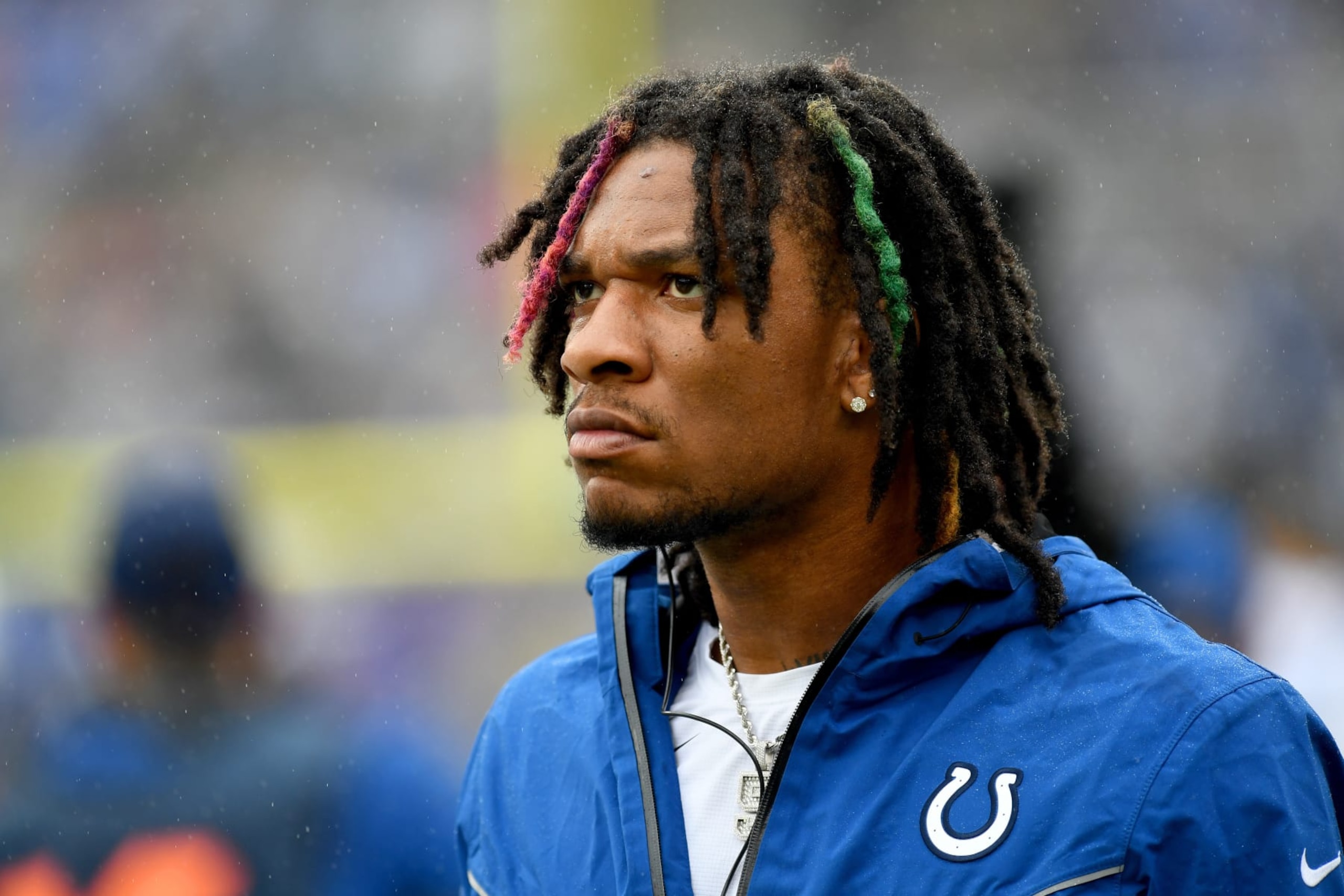 BALTIMORE, MD - SEPTEMBER 24: Indianapolis Colts quarterback Anthony Richardson (5) watches from the sideline during the Indianapolis Colts versus Baltimore Ravens NFL game at M&T Bank Stadium on September 24, 2023 in Baltimore, MD. (Photo by Randy Litzinger/Icon Sportswire via Getty Images)