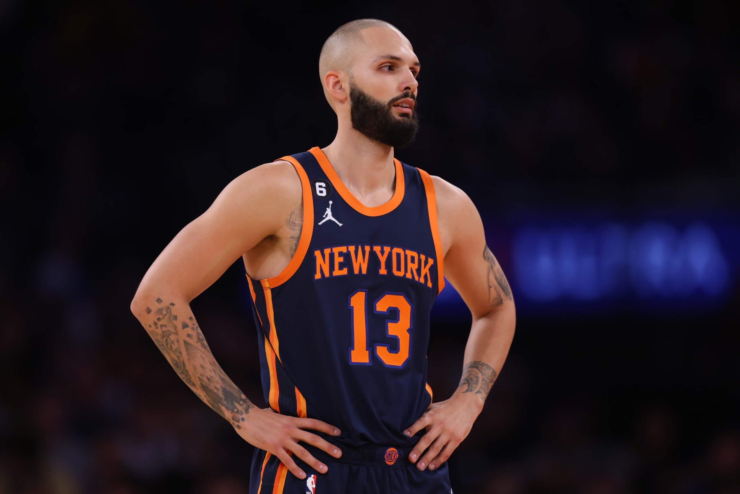 NEW YORK, NEW YORK - JANUARY 02: Evan Fournier #13 of the New York Knicks in action against the Phoenix Suns at Madison Square Garden on January 02, 2023 in New York City. NOTE TO USER: User expressly acknowledges and agrees that, by downloading and or using this Photograph, user is consenting to the terms and conditions of the Getty Images License Agreement. New York Knicks defeated the Phoenix Suns 102-83. (Photo by Mike Stobe/Getty Images) NEW YORK, NEW YORK - JANUARY 02: Evan Fournier #13 of the New York Knicks in action against the Phoenix Suns at Madison Square Garden on January 02, 2023 in New York City. NOTE TO USER: User expressly acknowledges and agrees that, by downloading and or using this Photograph, user is consenting to the terms and conditions of the Getty Images License Agreement. New York Knicks defeated the Phoenix Suns 102-83. (Photo by Mike Stobe/Getty Images)