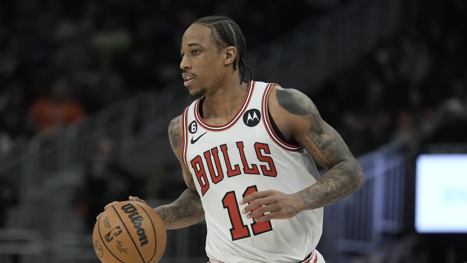 Chicago Bulls' DeMar DeRozan during the second half of an NBA basketball game against the Milwaukee Bucks Wednesday, April 5, 2023, in Milwaukee. The Bucks won 105-92. (AP Photo/Morry Gash)