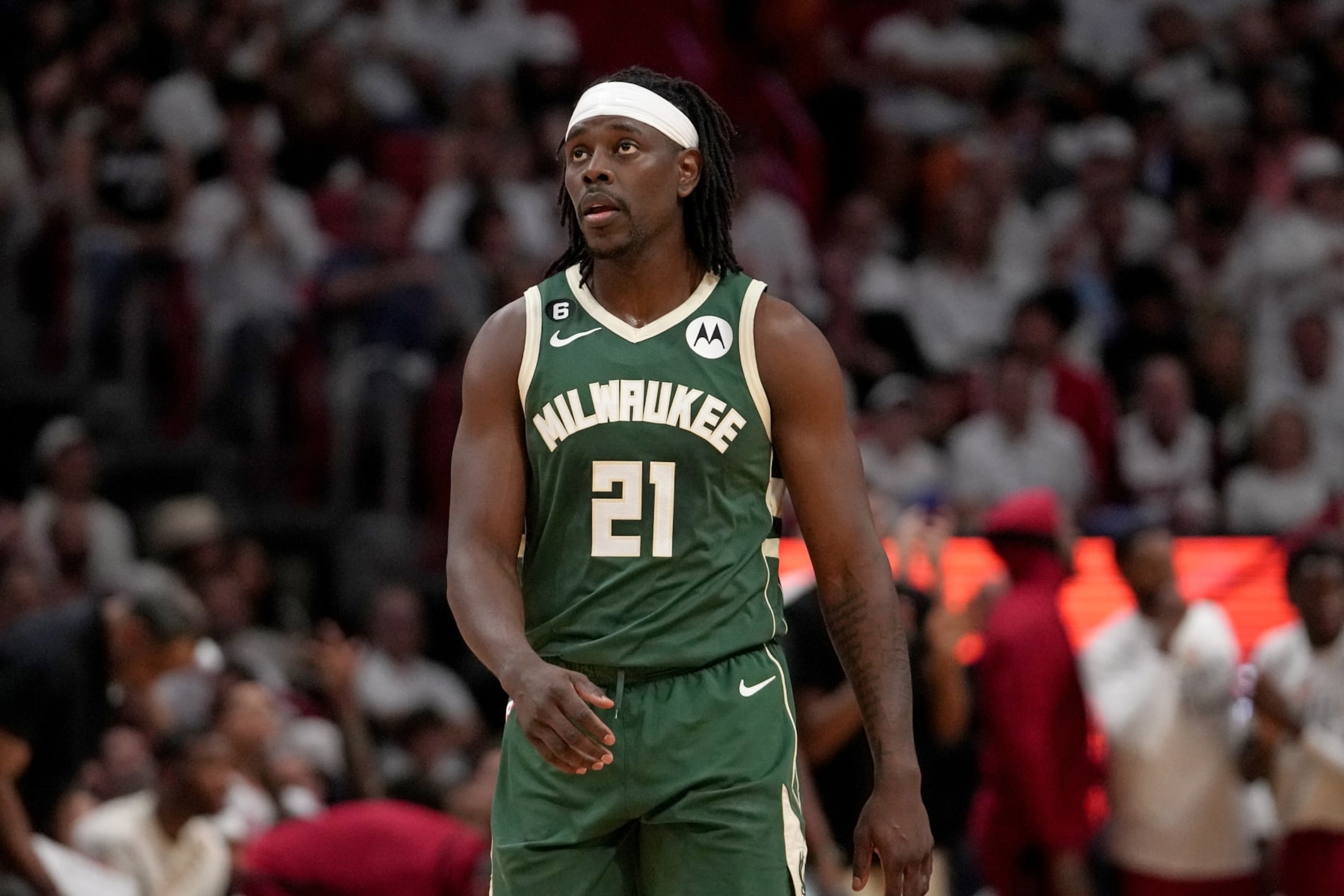 MIAMI, FL - APRIL 22: Jrue Holiday #21 of the Milwaukee Bucks looks on during the game during Round One Game Three of the 2023 NBA Playoffs on April 22, 2023 at Kaseya Center in Miami, Florida. NOTE TO USER: User expressly acknowledges and agrees that, by downloading and or using this Photograph, user is consenting to the terms and conditions of the Getty Images License Agreement. Mandatory Copyright Notice: Copyright 2023 NBAE (Photo by Eric Espada/NBAE via Getty Images) MIAMI, FL - APRIL 22: Jrue Holiday #21 of the Milwaukee Bucks looks on during the game during Round One Game Three of the 2023 NBA Playoffs on April 22, 2023 at Kaseya Center in Miami, Florida. NOTE TO USER: User expressly acknowledges and agrees that, by downloading and or using this Photograph, user is consenting to the terms and conditions of the Getty Images License Agreement. Mandatory Copyright Notice: Copyright 2023 NBAE (Photo by Eric Espada/NBAE via Getty Images)