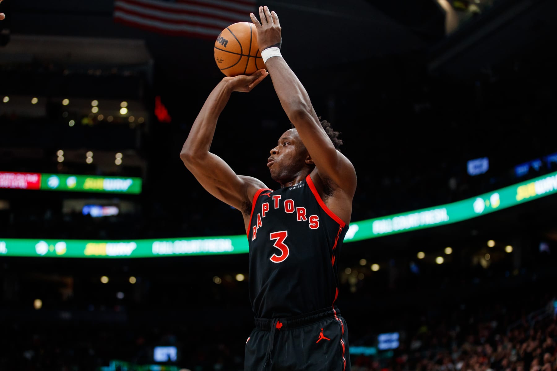 TORONTO, ON - MARCH 14: O.G. Anunoby #3 of the Toronto Raptors shoots during the second half of their NBA game against the Denver Nuggets at Scotiabank Arena on March 14, 2023 in Toronto, Canada. NOTE TO USER: User expressly acknowledges and agrees that, by downloading and or using this photograph, User is consenting to the terms and conditions of the Getty Images License Agreement. (Photo by Cole Burston/Getty Images)