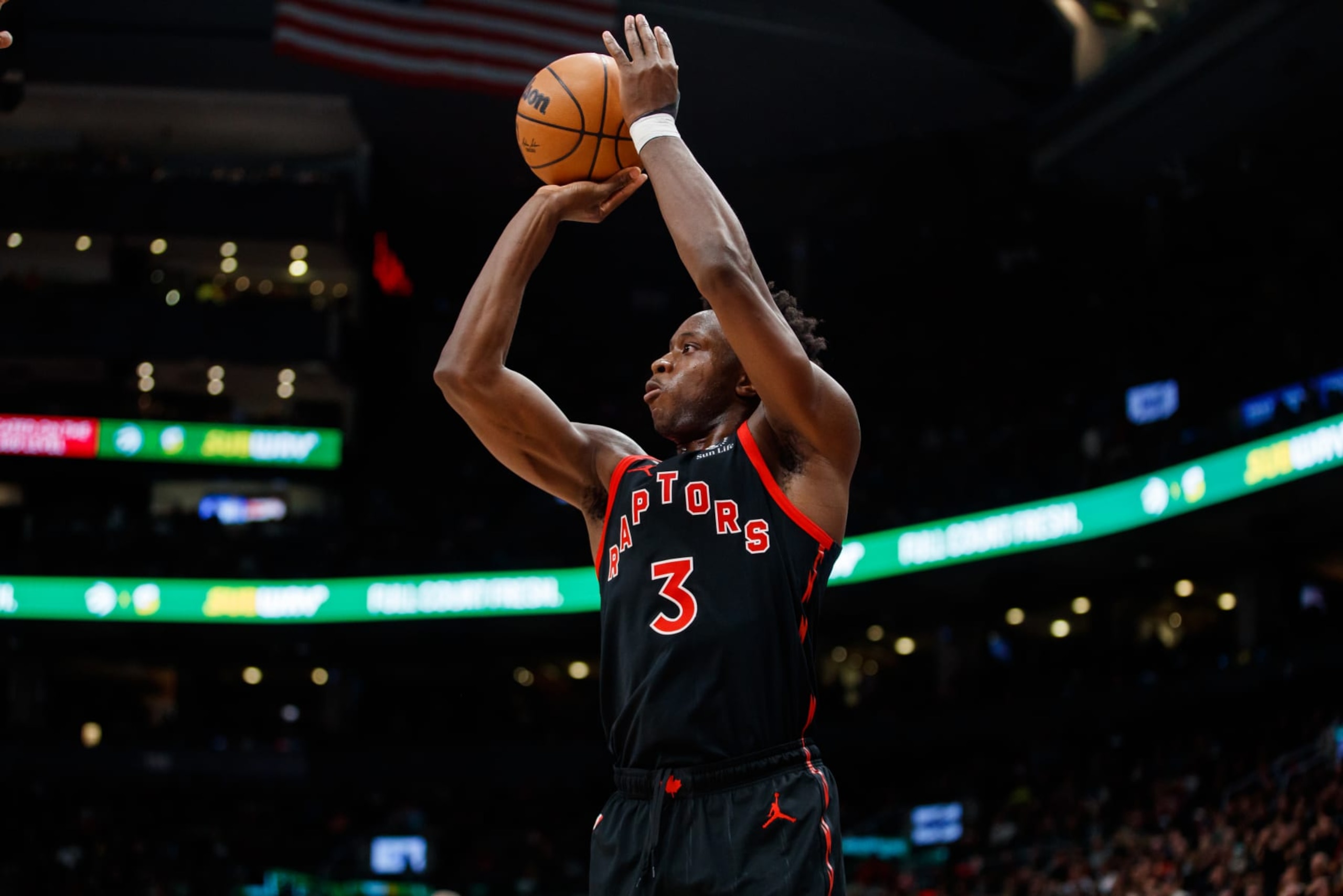TORONTO, ON - MARCH 14: O.G. Anunoby #3 of the Toronto Raptors shoots during the second half of their NBA game against the Denver Nuggets at Scotiabank Arena on March 14, 2023 in Toronto, Canada. NOTE TO USER: User expressly acknowledges and agrees that, by downloading and or using this photograph, User is consenting to the terms and conditions of the Getty Images License Agreement. (Photo by Cole Burston/Getty Images)