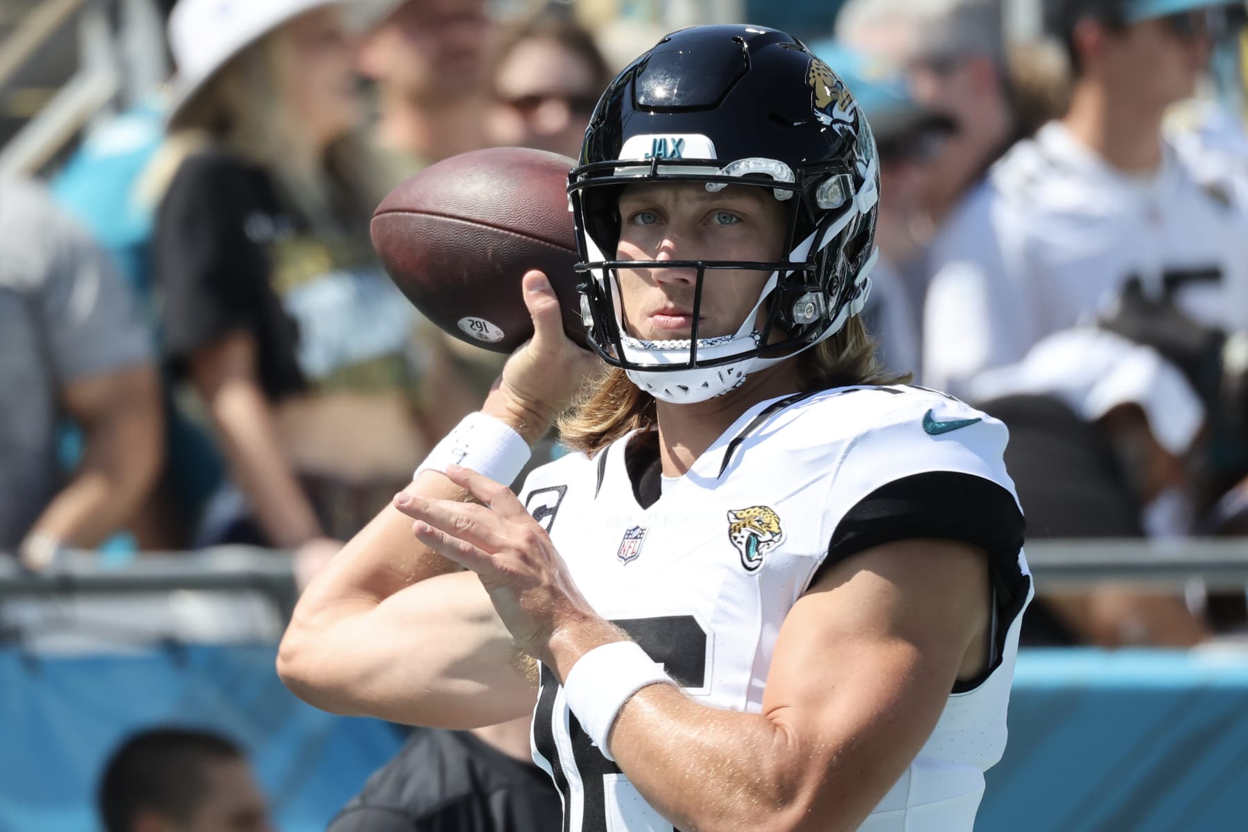 JACKSONVILLE, FLORIDA - SEPTEMBER 24: Trevor Lawrence #16 of the Jacksonville Jaguars warms up prior to the game against the Houston Texans at EverBank Stadium on September 24, 2023 in Jacksonville, Florida. (Photo by Mike Carlson/Getty Images)