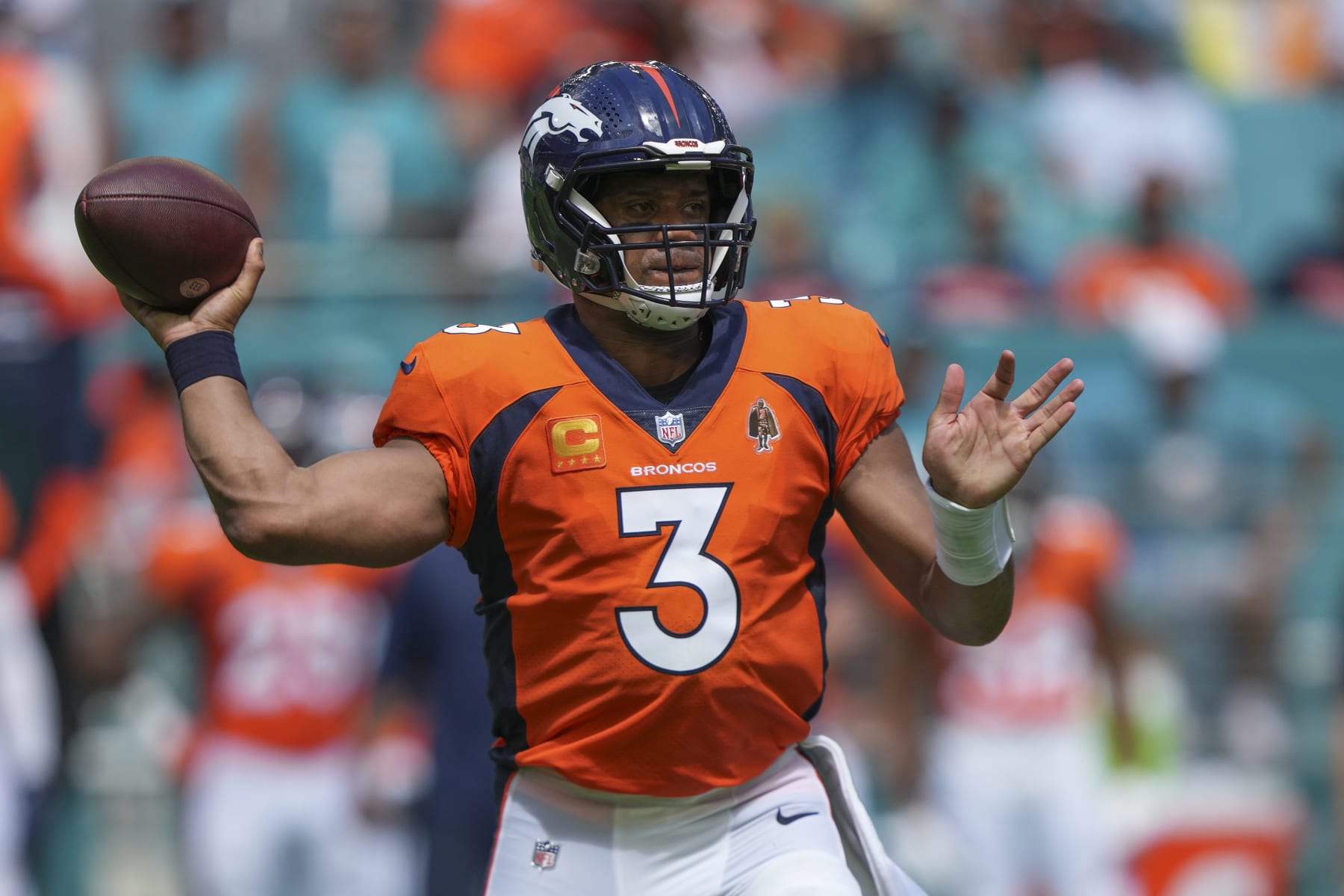 MIAMI GARDENS, FL - SEPTEMBER 24: Denver Broncos quarterback Russell Wilson (3) makes a pass attempt during the game between the Denver Broncos and the Miami Dolphins on Sunday, September 24, 2023 at Hard Rock Stadium, Miami, Fla. (Photo by Peter Joneleit/Icon Sportswire via Getty Images)