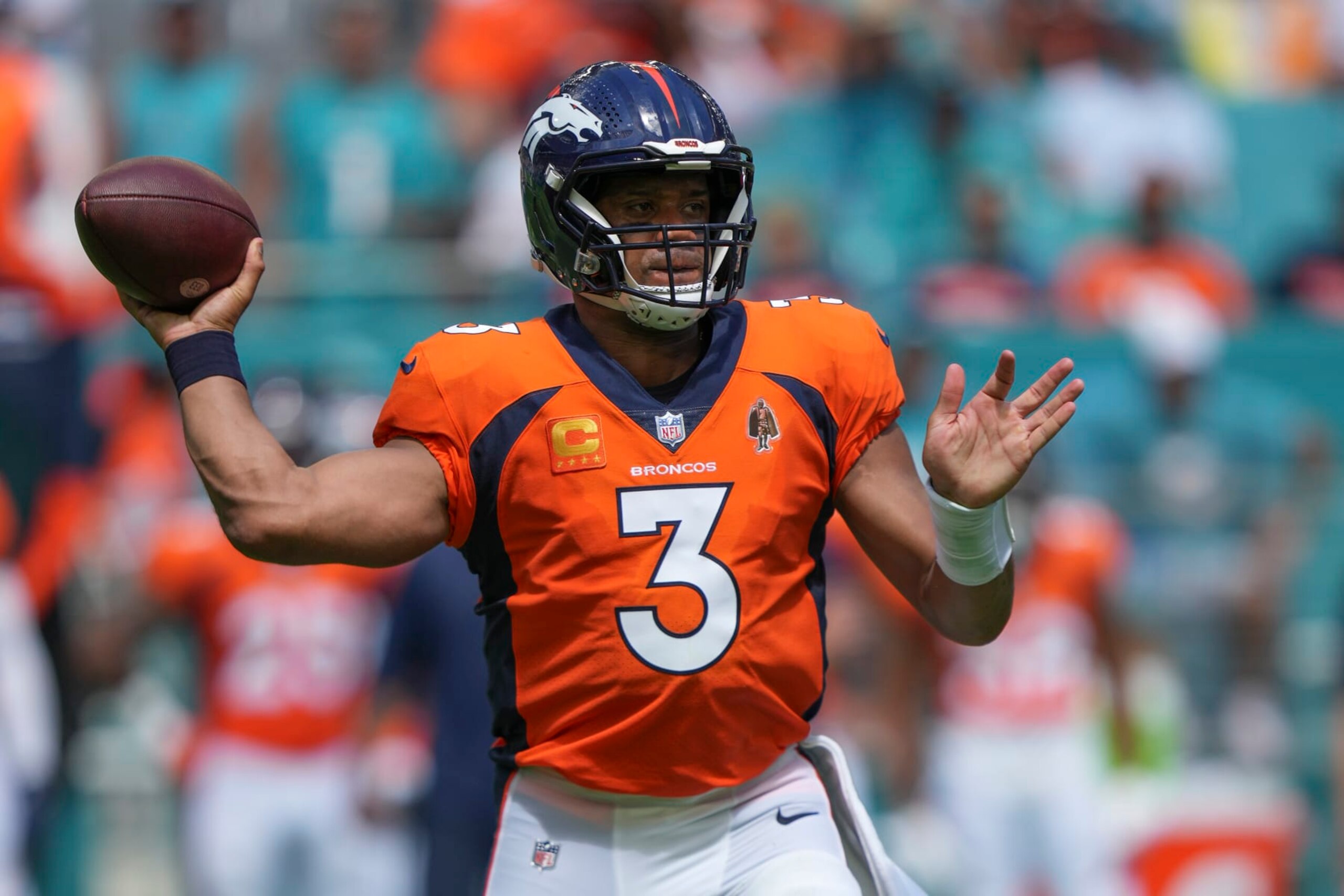 MIAMI GARDENS, FL - SEPTEMBER 24: Denver Broncos quarterback Russell Wilson (3) makes a pass attempt during the game between the Denver Broncos and the Miami Dolphins on Sunday, September 24, 2023 at Hard Rock Stadium, Miami, Fla. (Photo by Peter Joneleit/Icon Sportswire via Getty Images)