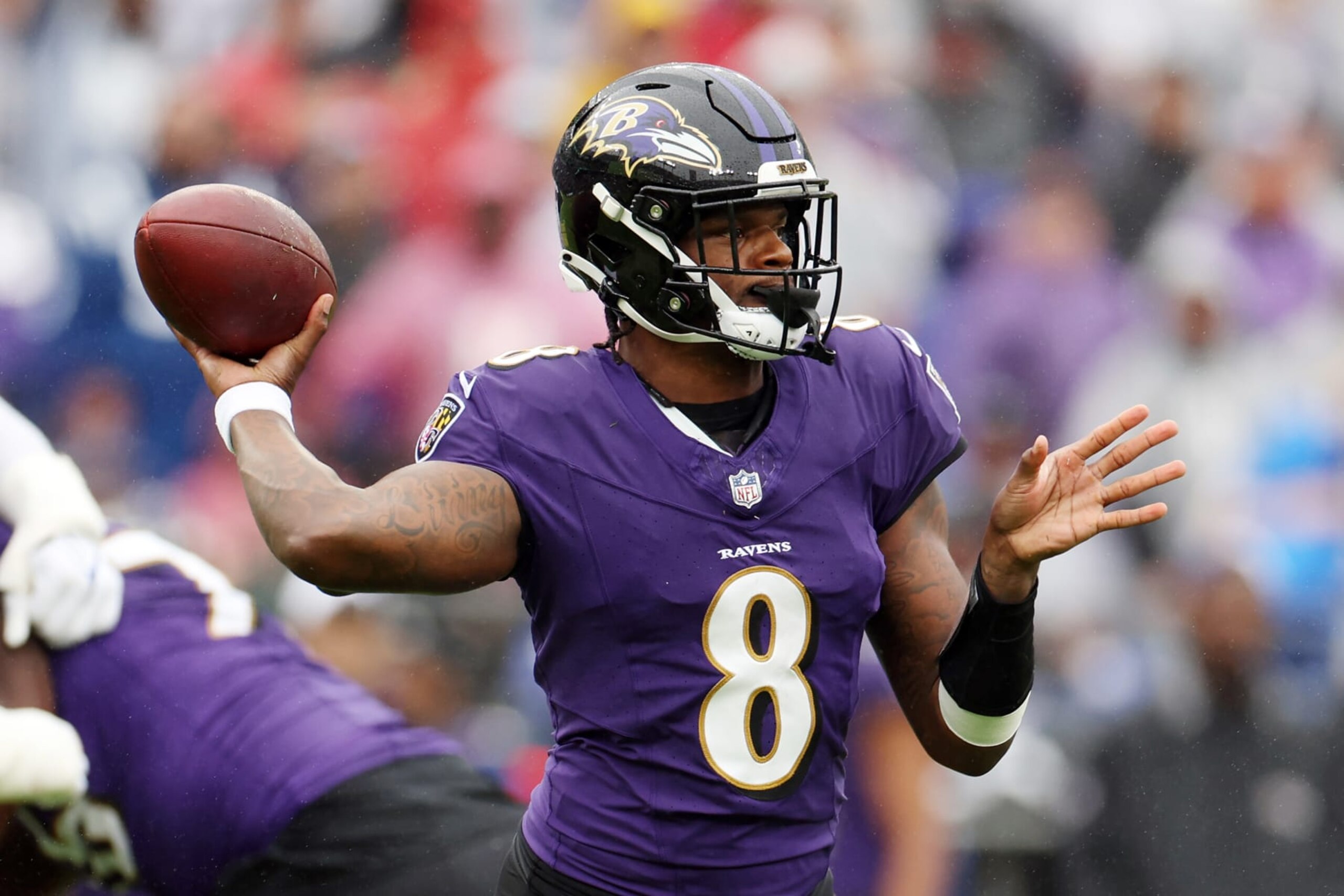 BALTIMORE, MARYLAND - SEPTEMBER 24: Lamar Jackson #8 of the Baltimore Ravens throws a pass in the first quarter of a game against the Indianapolis Colts at M&T Bank Stadium on September 24, 2023 in Baltimore, Maryland. (Photo by Rob Carr/Getty Images)
