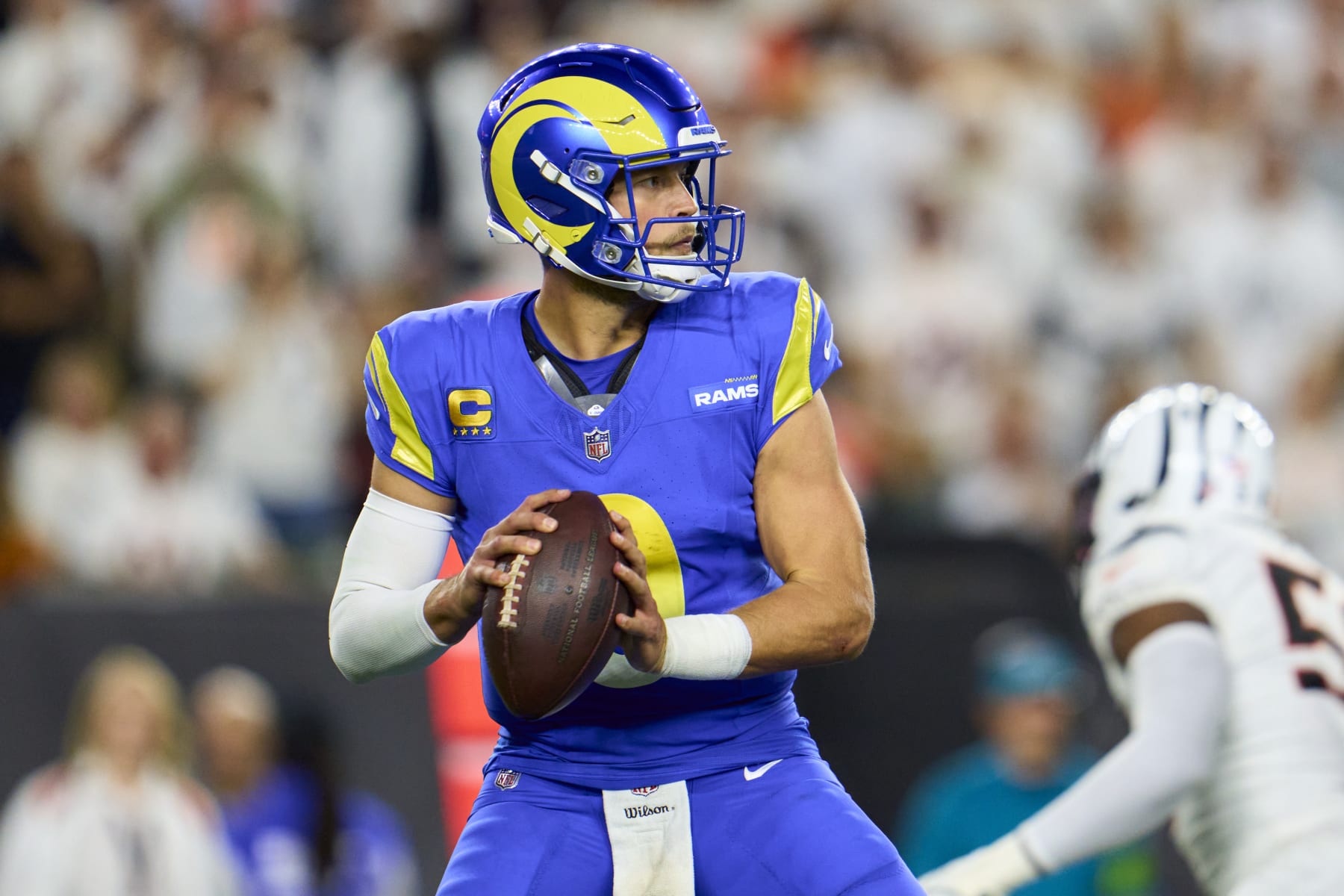 CINCINNATI, OH - SEPTEMBER 25: Matthew Stafford #9 of the Los Angeles Rams drops back to pass against the Cincinnati Bengals during the second half at Paycor Stadium on September 25, 2023 in Cincinnati, Ohio. (Photo by Cooper Neill/Getty Images)