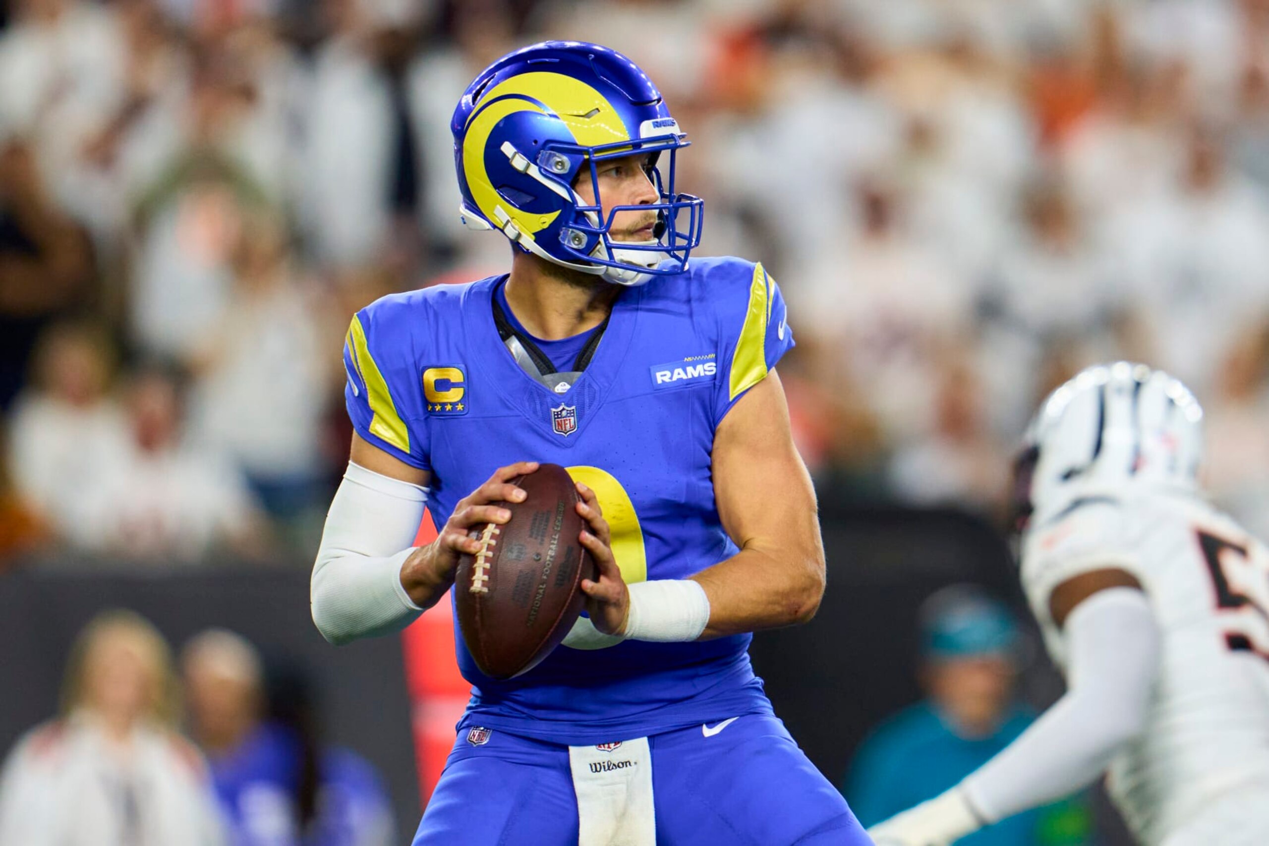 CINCINNATI, OH - SEPTEMBER 25: Matthew Stafford #9 of the Los Angeles Rams drops back to pass against the Cincinnati Bengals during the second half at Paycor Stadium on September 25, 2023 in Cincinnati, Ohio. (Photo by Cooper Neill/Getty Images)