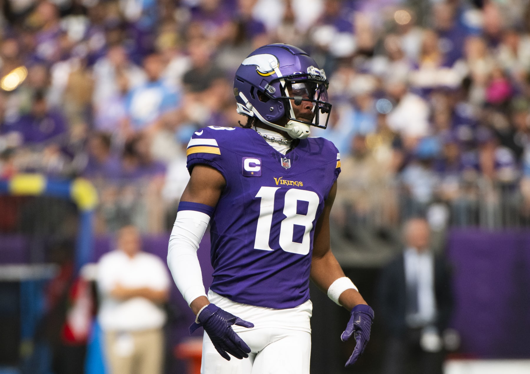 MINNEAPOLIS, MINNESOTA - SEPTEMBER 24: Justin Jefferson #18 of the Minnesota Vikings lines up for a play in the first quarter of the game against the Los Angeles Chargers at U.S. Bank Stadium on September 24, 2023 in Minneapolis, Minnesota. (Photo by Stephen Maturen/Getty Images)