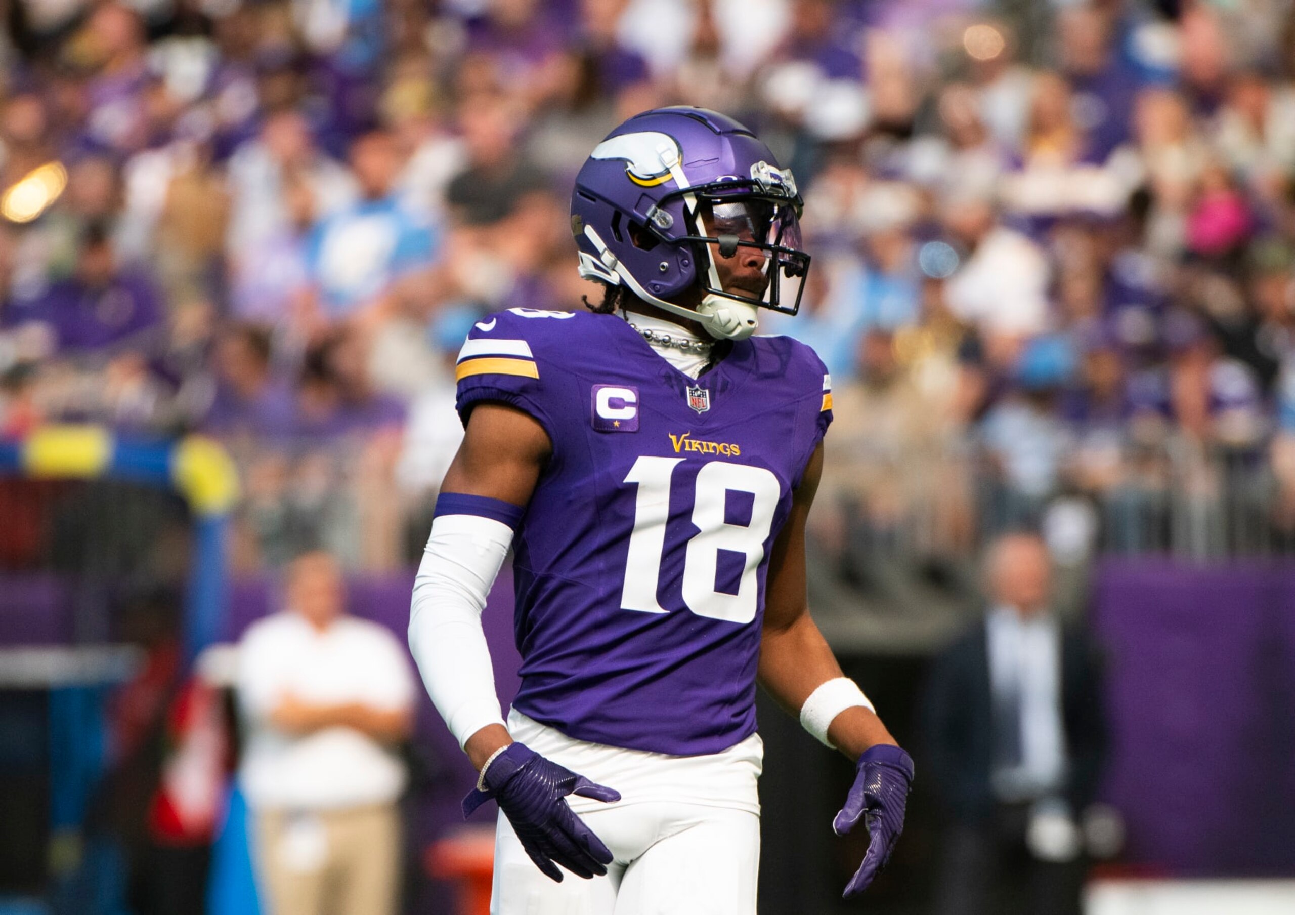MINNEAPOLIS, MINNESOTA - SEPTEMBER 24: Justin Jefferson #18 of the Minnesota Vikings lines up for a play in the first quarter of the game against the Los Angeles Chargers at U.S. Bank Stadium on September 24, 2023 in Minneapolis, Minnesota. (Photo by Stephen Maturen/Getty Images)