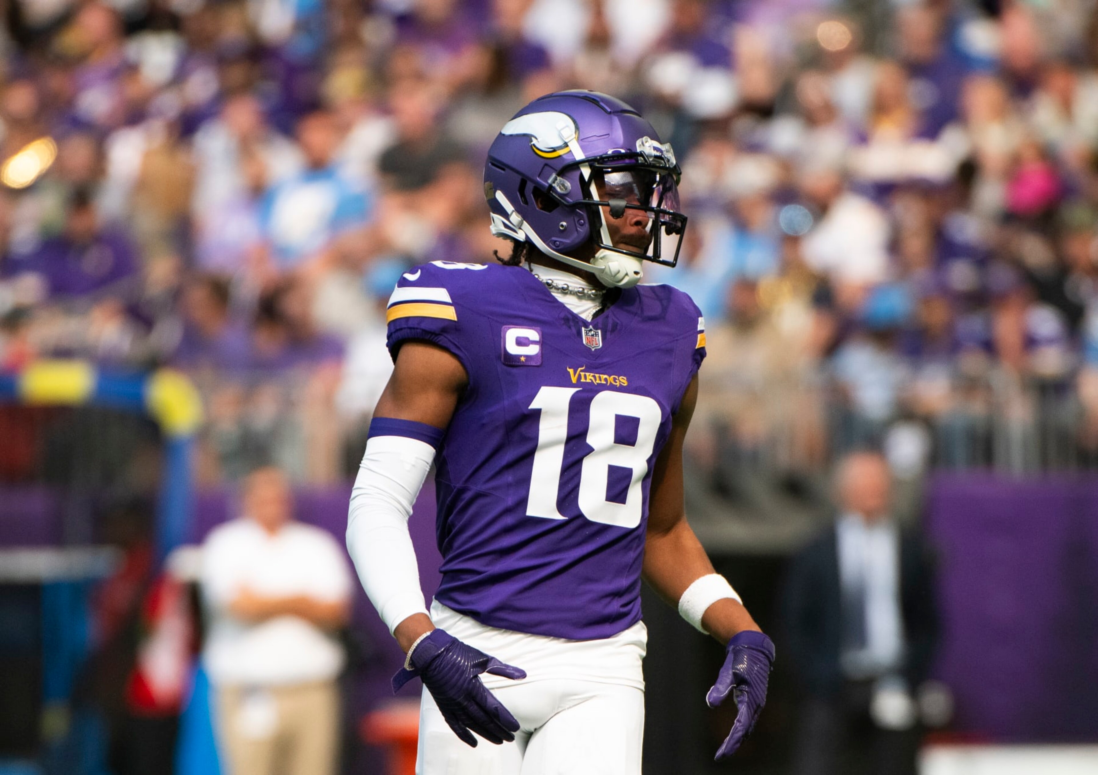 MINNEAPOLIS, MINNESOTA - SEPTEMBER 24: Justin Jefferson #18 of the Minnesota Vikings lines up for a play in the first quarter of the game against the Los Angeles Chargers at U.S. Bank Stadium on September 24, 2023 in Minneapolis, Minnesota. (Photo by Stephen Maturen/Getty Images)