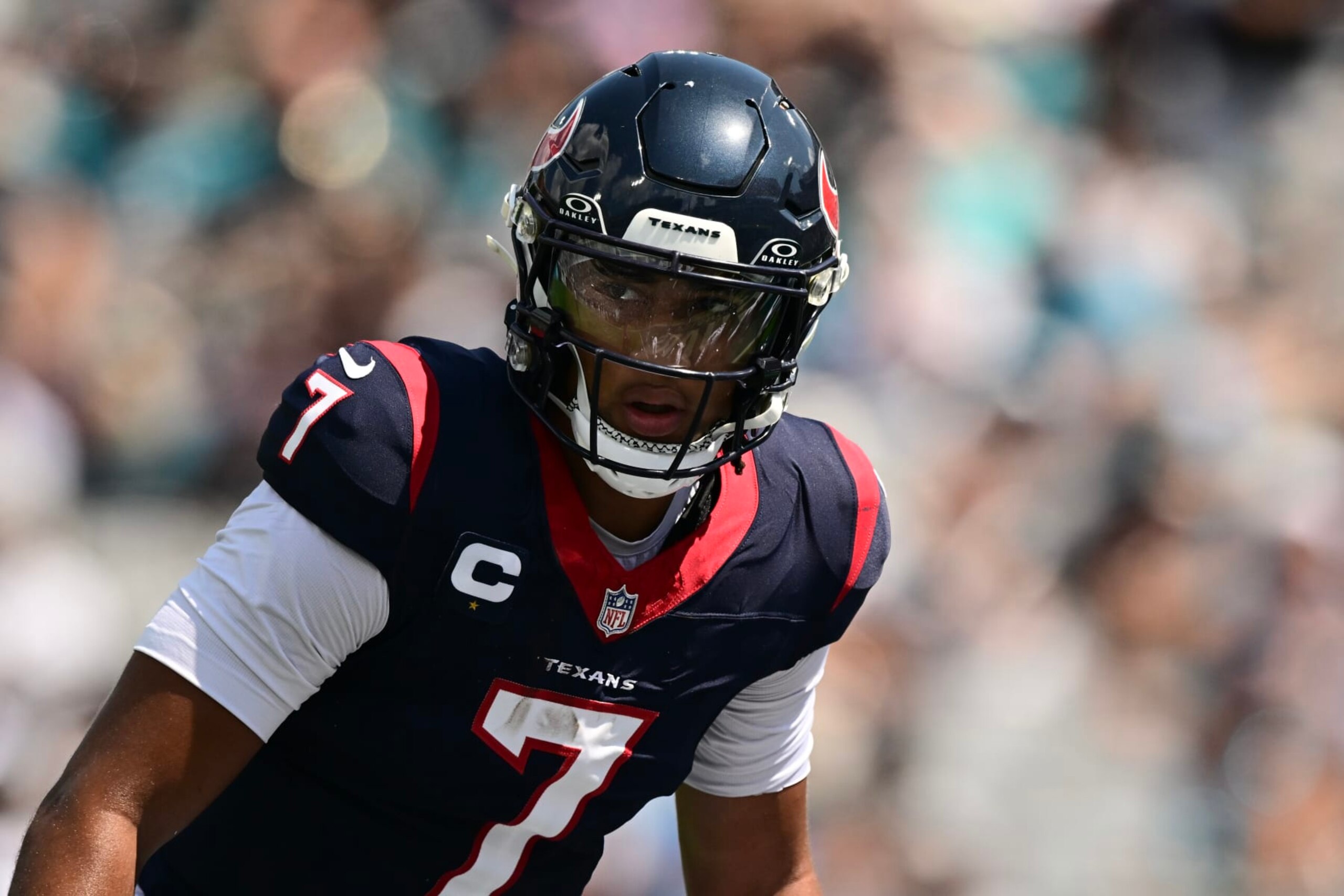 JACKSONVILLE, FLORIDA - SEPTEMBER 24: C.J. Stroud #7 of the Houston Texans looks on during the first quarter of a game against the Jacksonville Jaguars at EverBank Stadium on September 24, 2023 in Jacksonville, Florida. (Photo by Julio Aguilar/Getty Images)