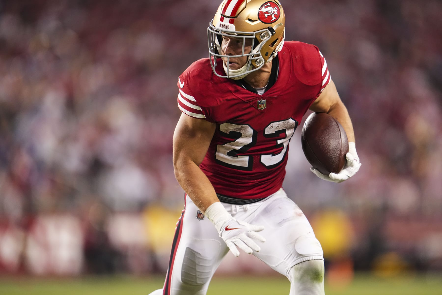 SANTA CLARA, CA - SEPTEMBER 21: Christian McCaffrey #23 of the San Francisco 49ers runs the ball at Levi's Stadium on September 21, 2023 in Santa Clara, California. (Photo by Cooper Neill/Getty Images)